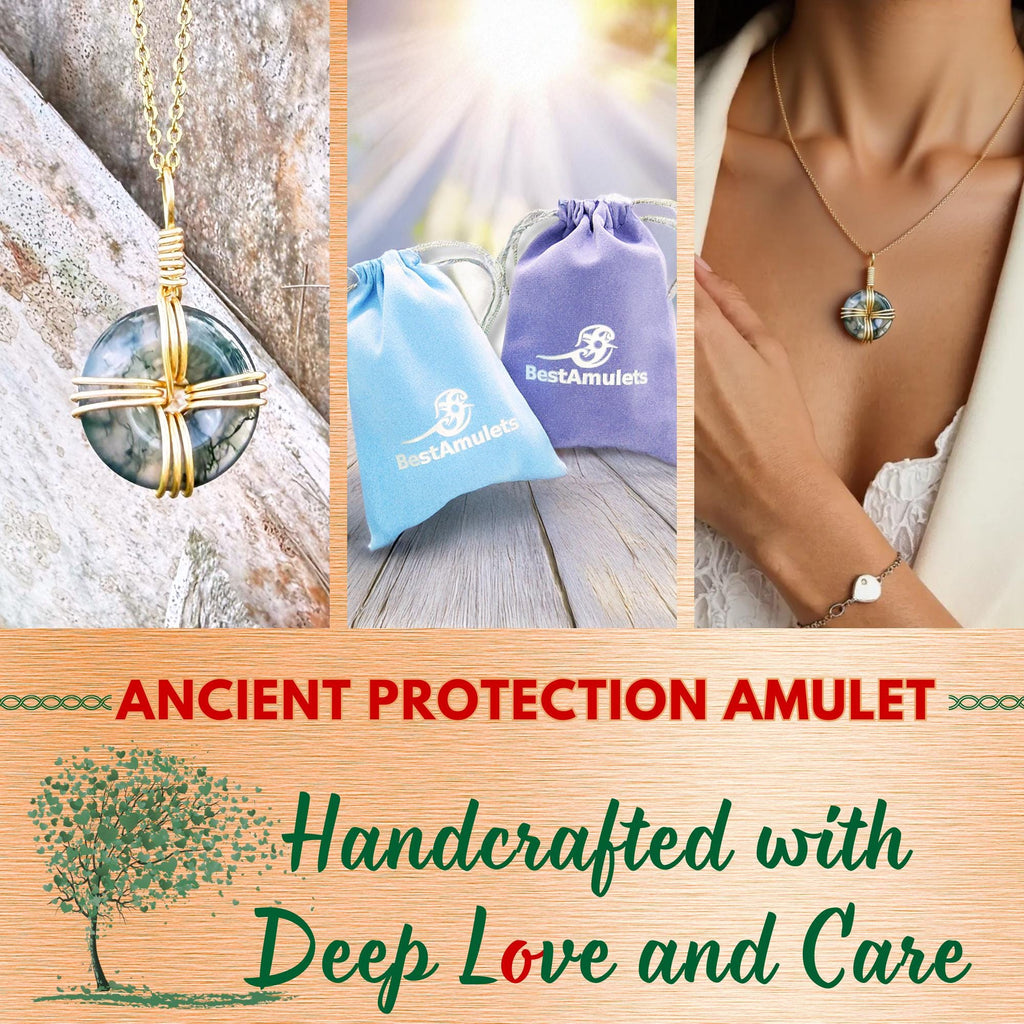 Celtic Cross Amulet in Green Moss Agate - 18 Inch Necklace - Fortune Donut Gemstone