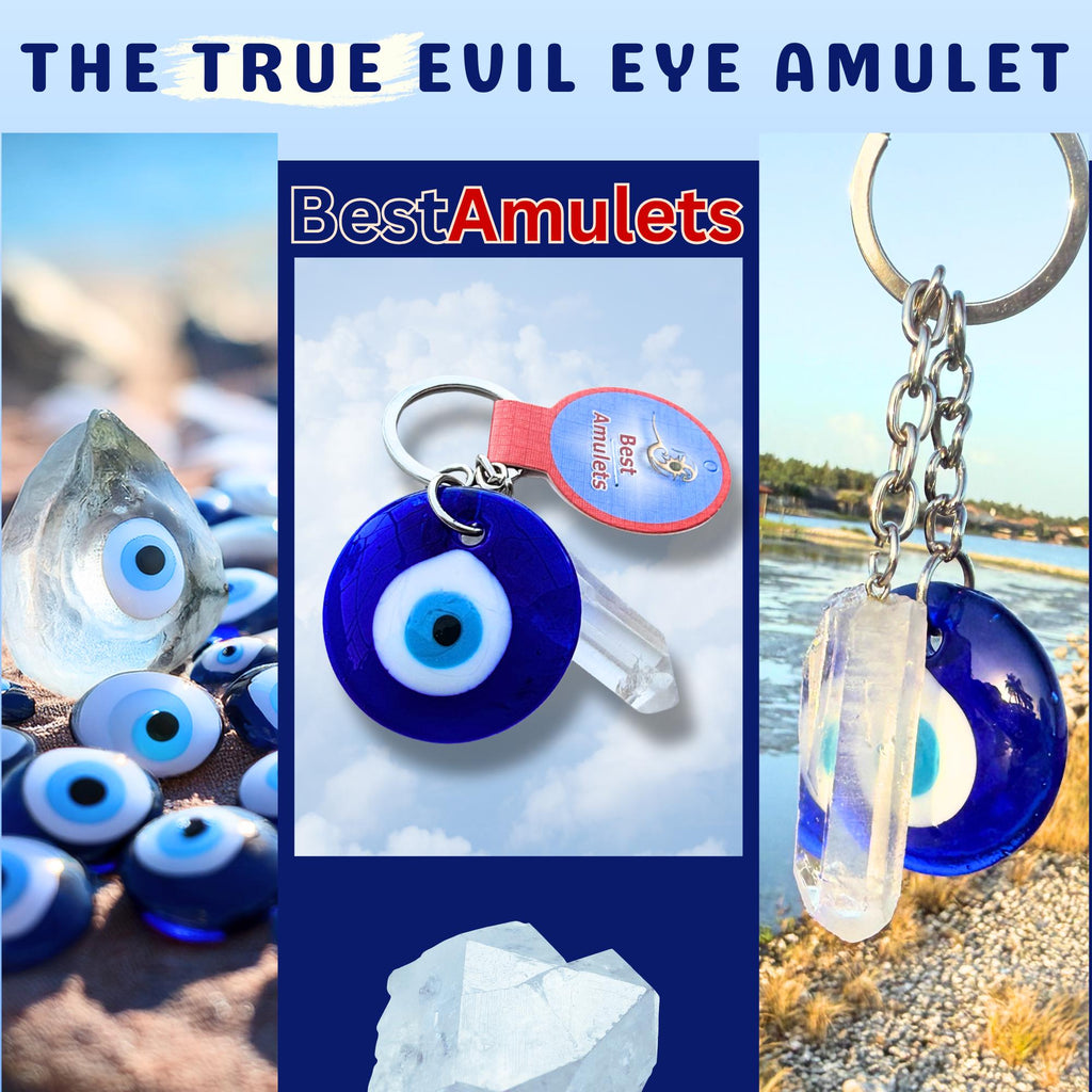 Evil Eye Keychain - Brazilian Quartz Crystal Amulet - Spiritual Protection Key Fob