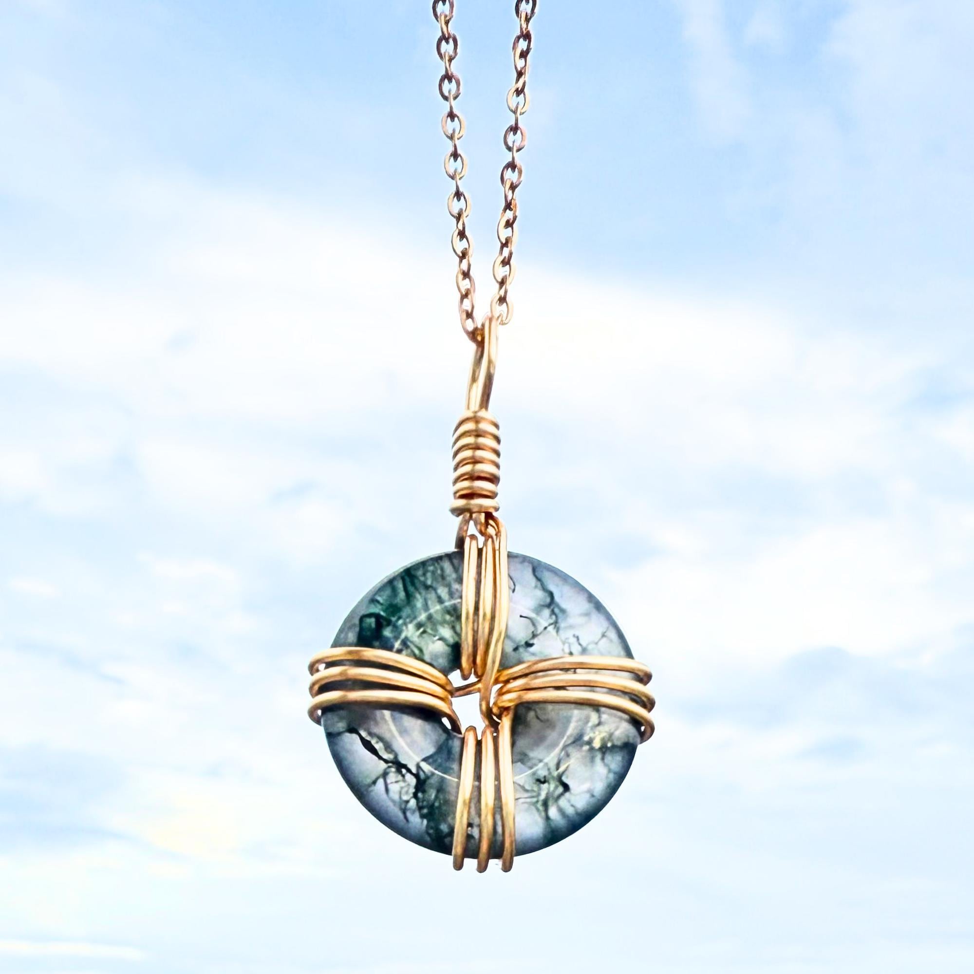 Celtic Cross Amulet in Green Moss Agate - 18 Inch Necklace - Fortune Donut Gemstone