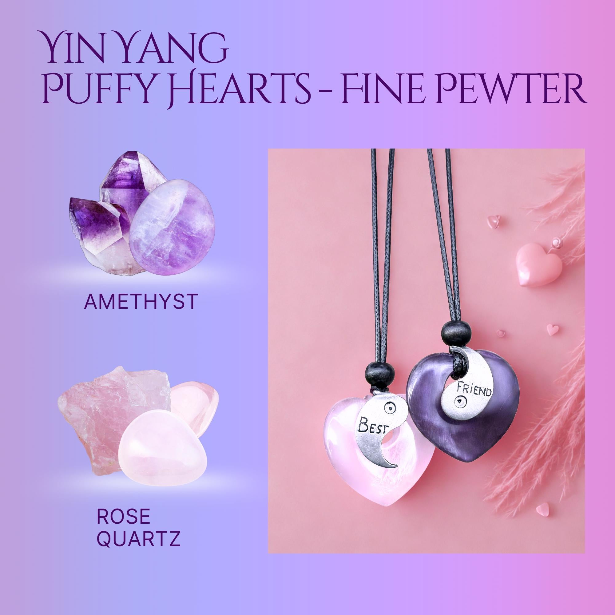 Amethyst and Rose Quartz Puffy Crystal Heart Donuts - Yin Yang Good Luck Friendship Amulets
