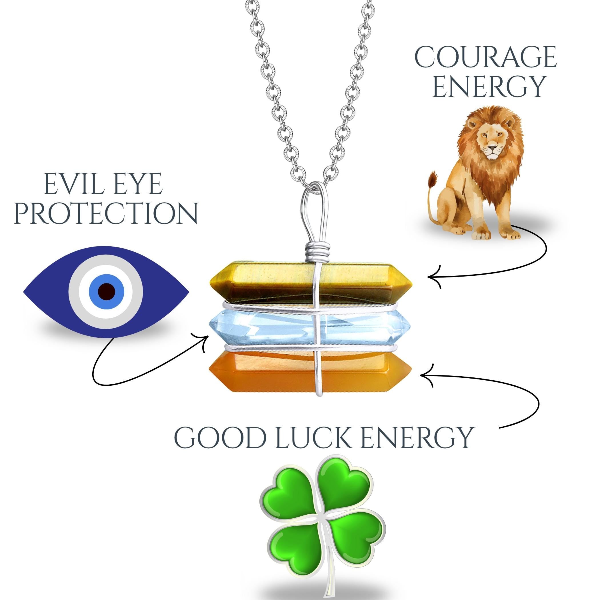 Triple Crystal Point Pendant Necklace - Tiger Eye, Quartz and Carnelian