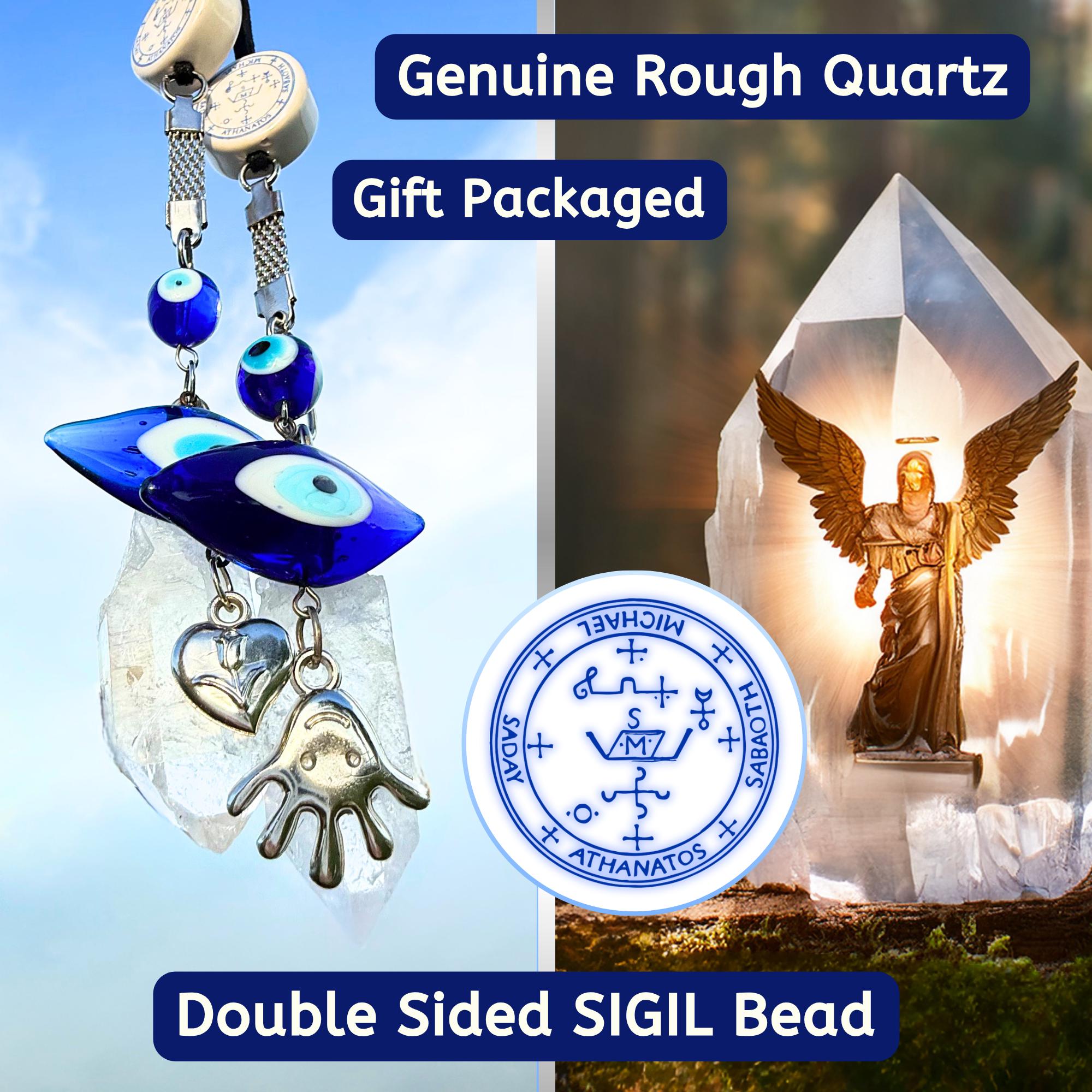 Archangel Michael Car Charm: Evil Eye Quartz Crystal Amulet