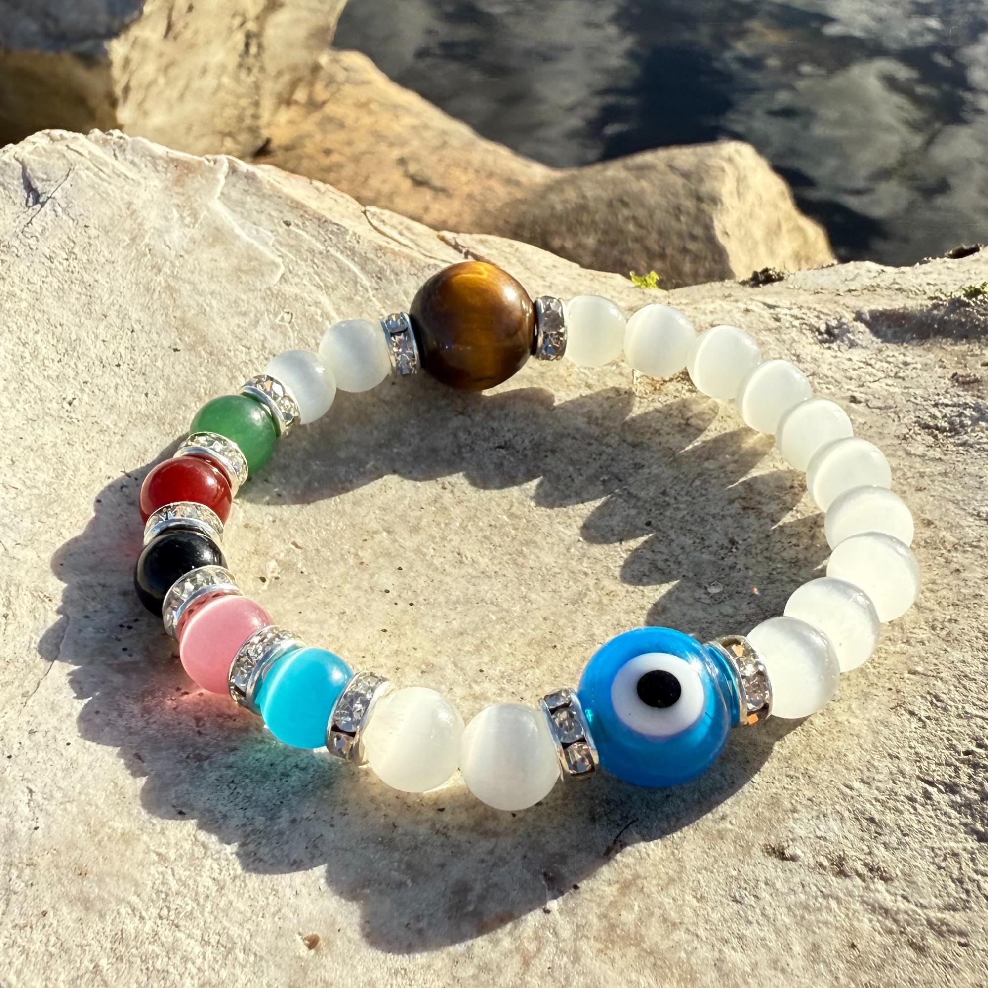 Chakra and Evil Eye Protection Amulet Bracelet - White Cats Eye Divine Light Spiritual Talisman - Tiger Eye & Reiki Crystals Gift for Women