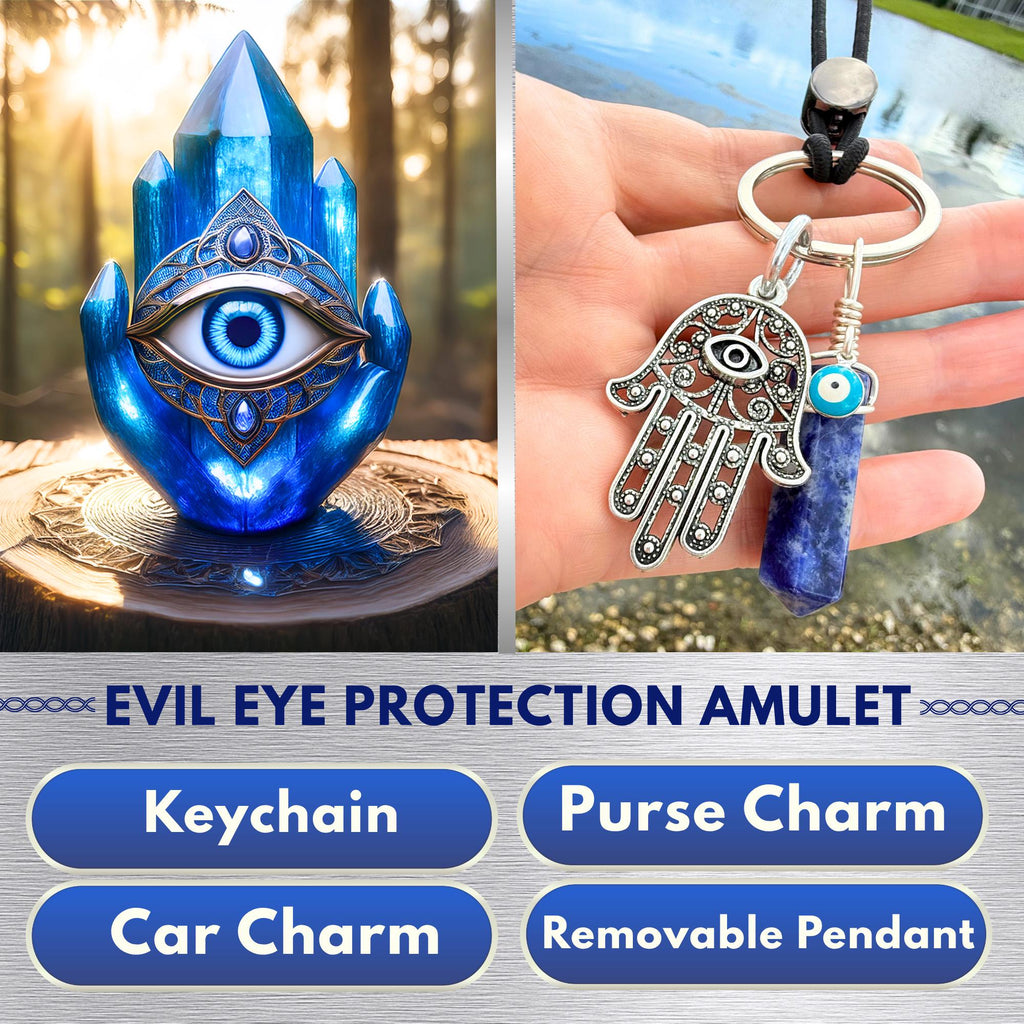 Sodalite Crystal Hamsa Hand Keychain – Evil Eye Car Charm Amulet