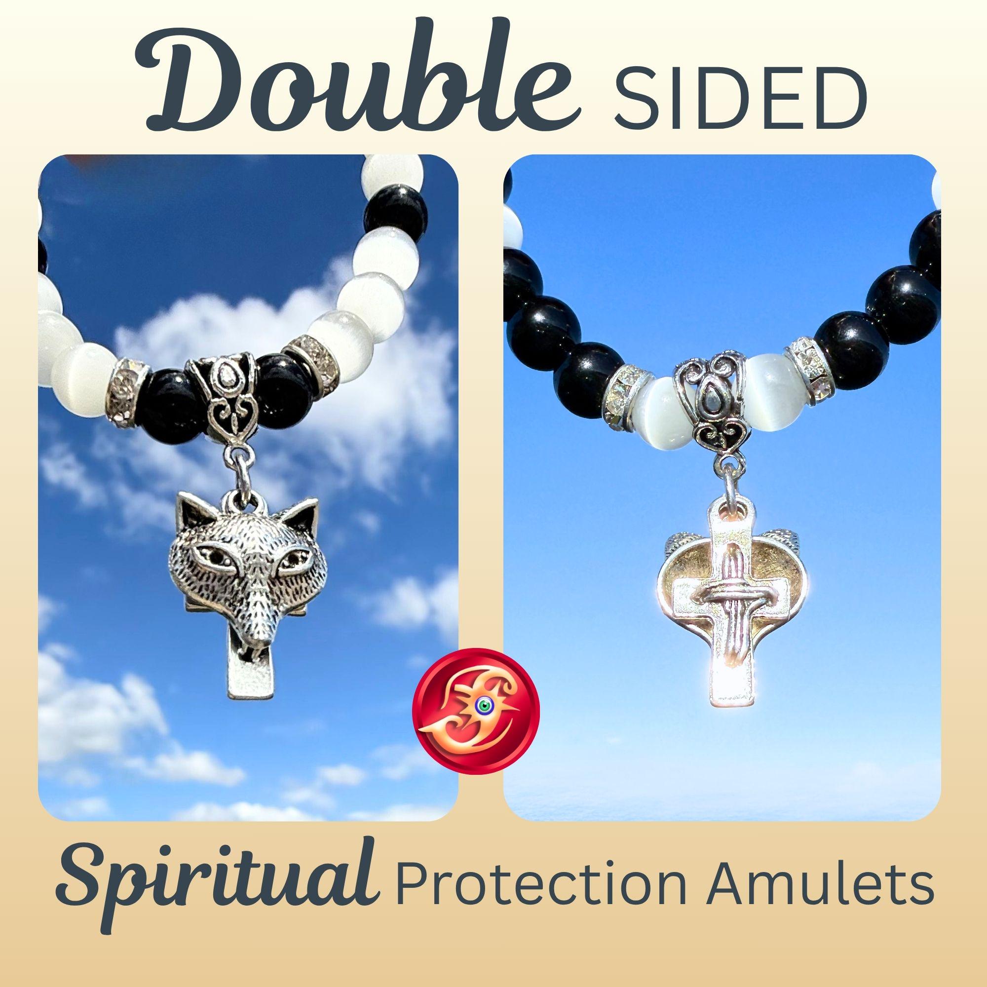 Wolf & Cross Gemstone Bracelet – Spiritual Amulet Jewelry Gift for Women