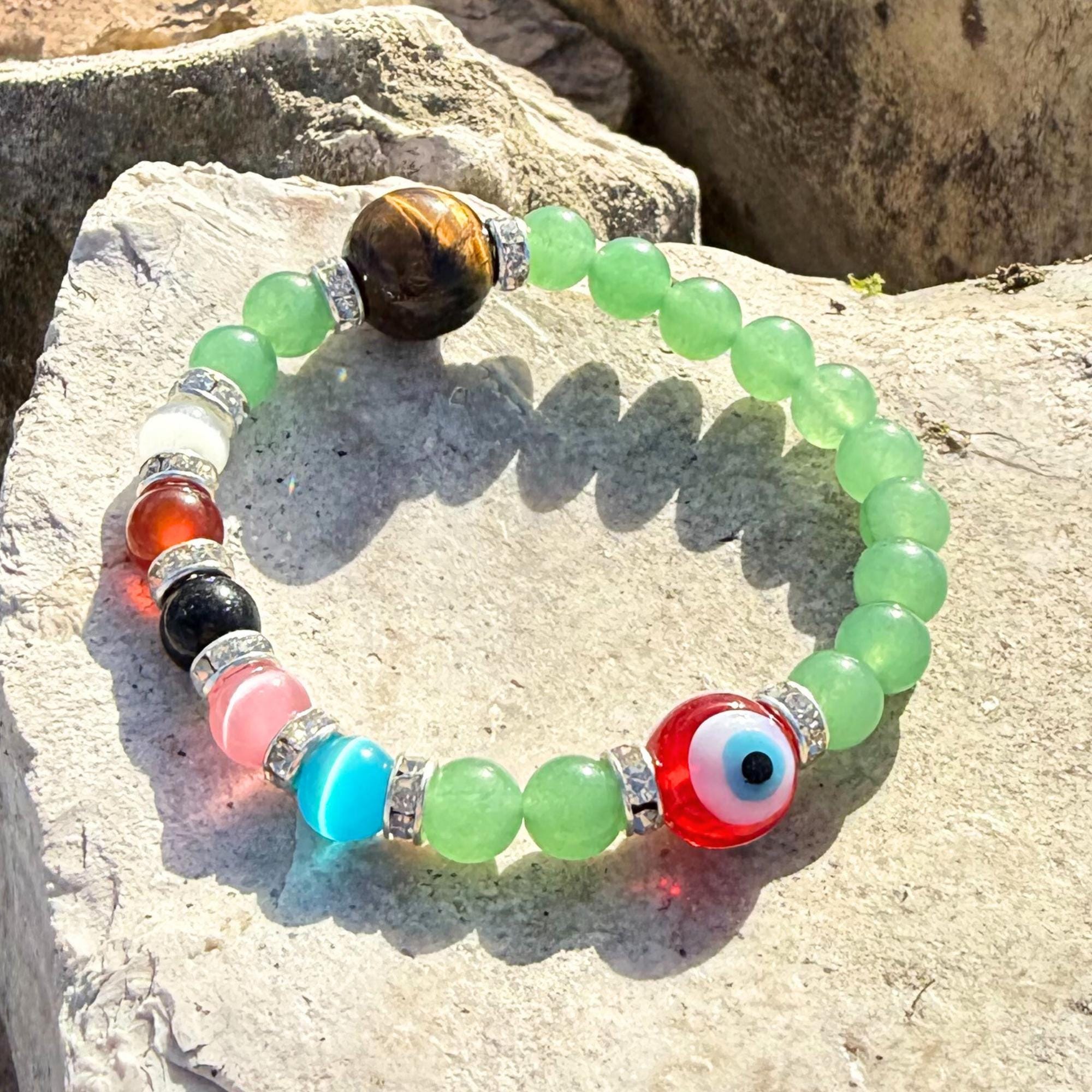 Green Quartz Money Talisman Bracelet – Tiger Eye and Evil Eye Amulet