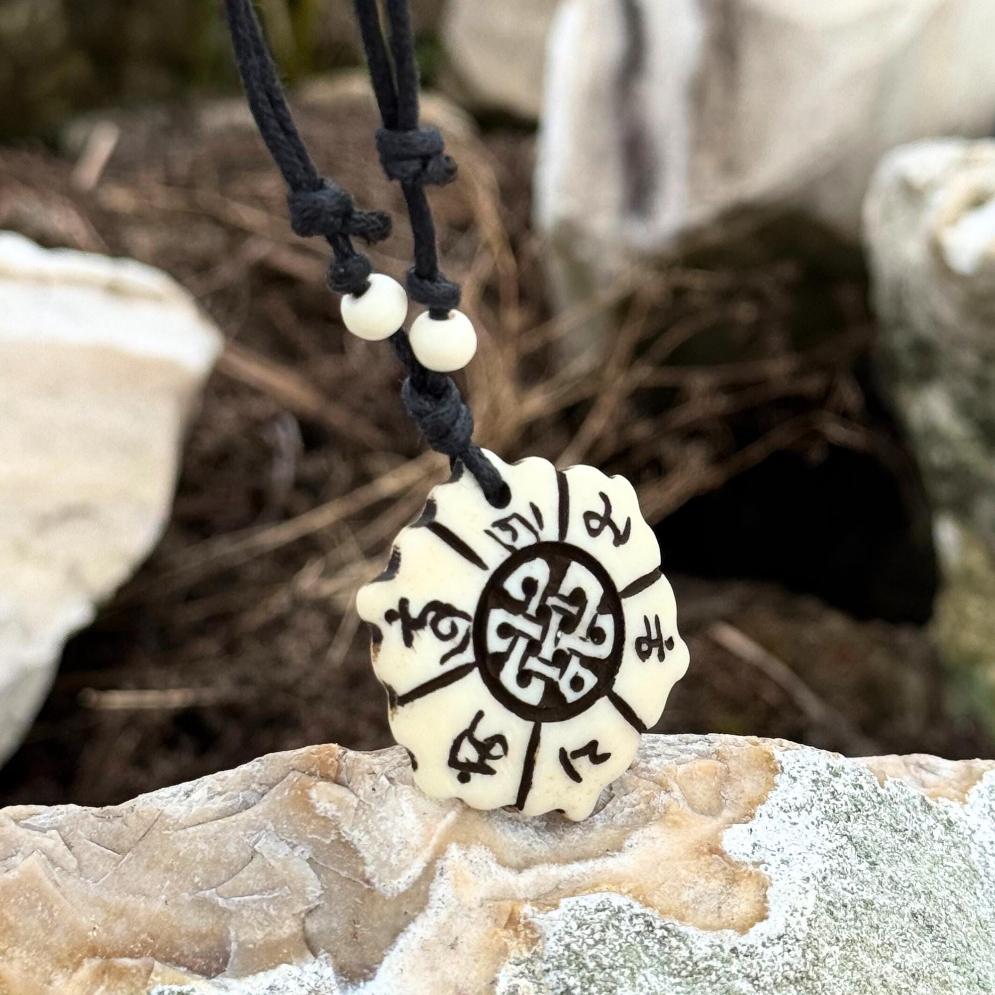 Yak Bone Lotus Mandala Necklace: Celtic Shield Knot, Om Mani Padme Hum
