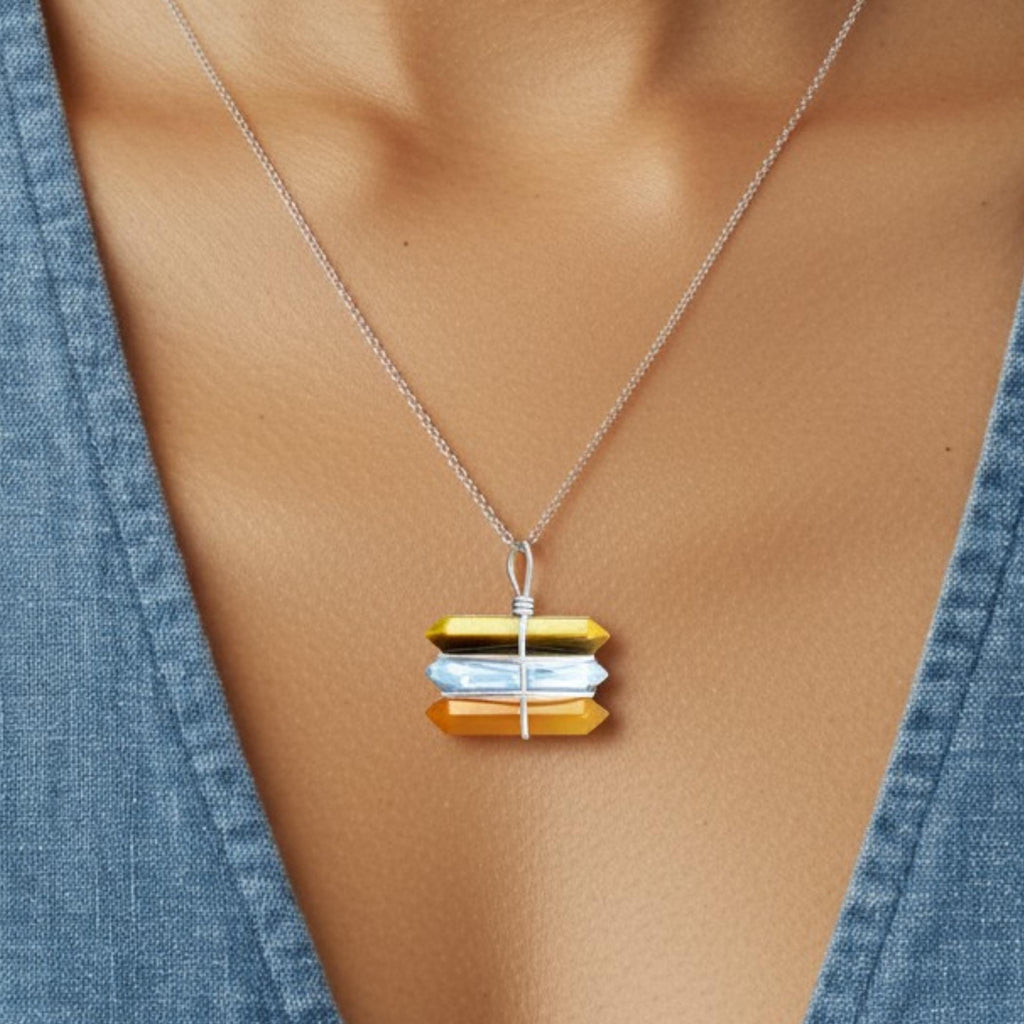 Triple Crystal Point Pendant Necklace - Tiger Eye, Quartz and Carnelian