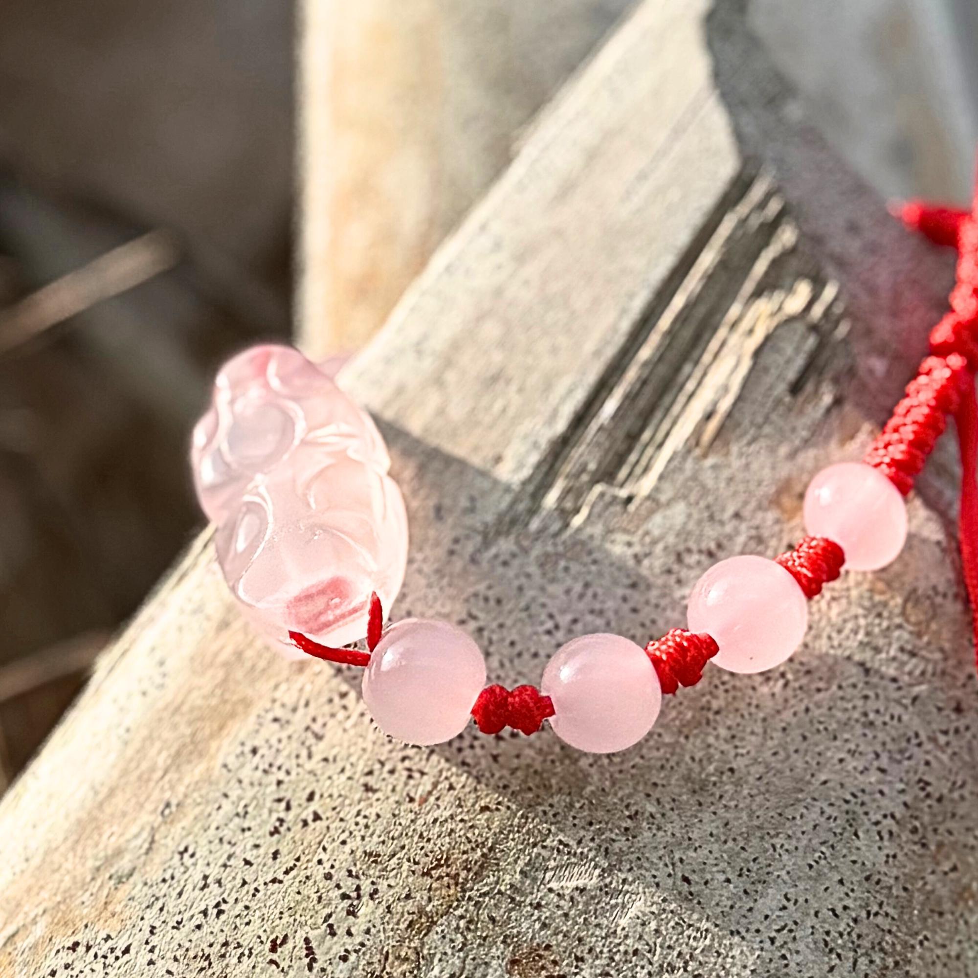 Pink Dragon Bracelet: Simulated Jade, Red String Amulet - Heart Chakra Jewelry