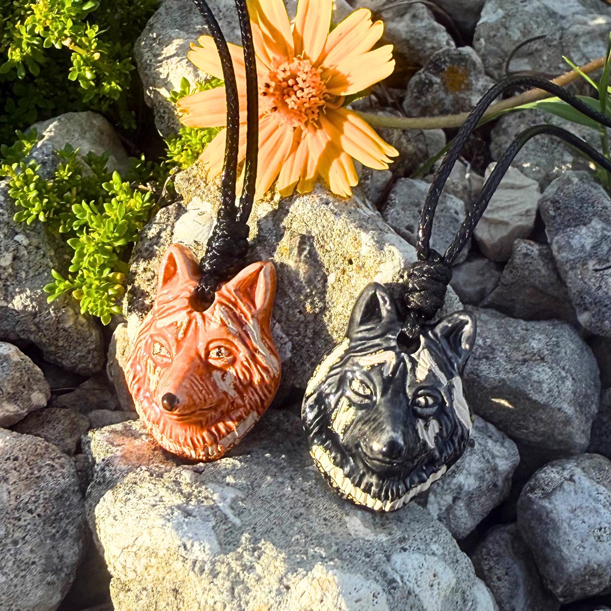 Hand-Painted Ceramic Wolf Totem Necklace: Spiritual Amulet Jewelry