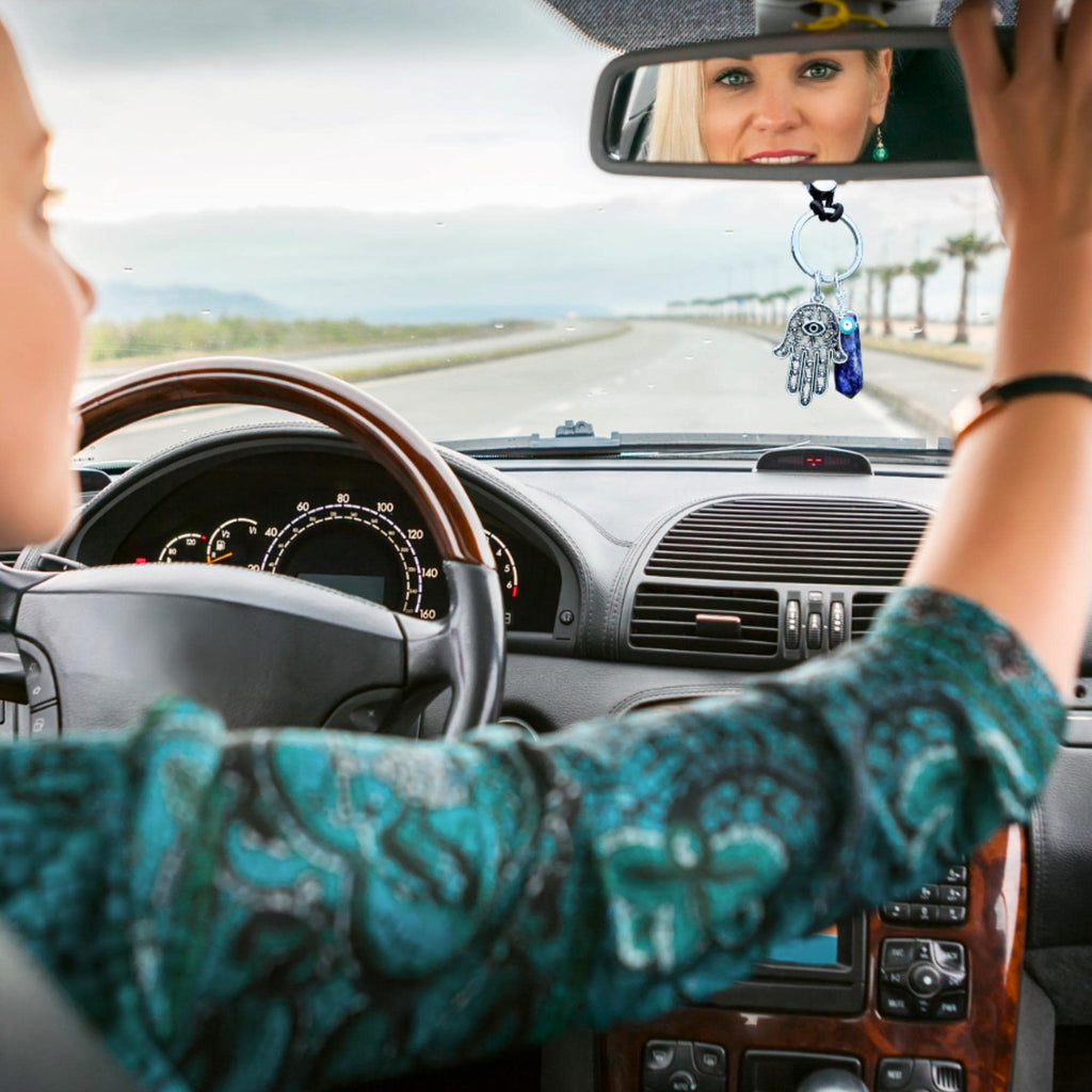 Sodalite Crystal Hamsa Hand Keychain – Evil Eye Car Charm Amulet