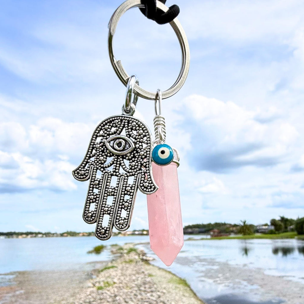 Love Amulet Hamsa Hand Keychain - Rose Quartz Crystal - Evil Eye Talisman - Car Hanging Ornament
