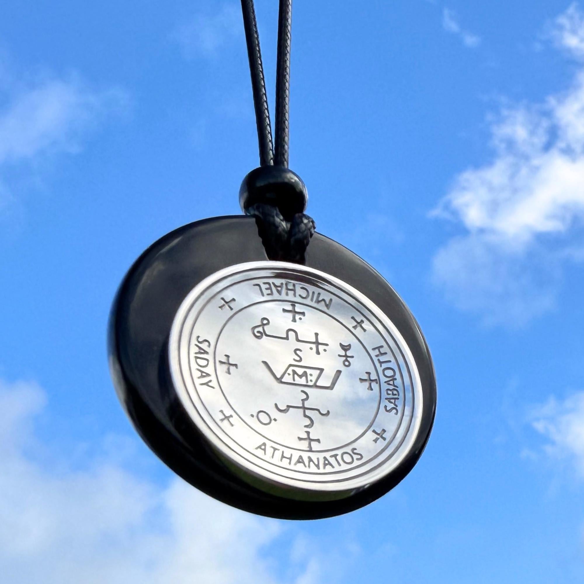 Archangel Sigil Amulet Necklace - Michael Gabriel Raphael Uriel - Genuine Black Agate Medallion