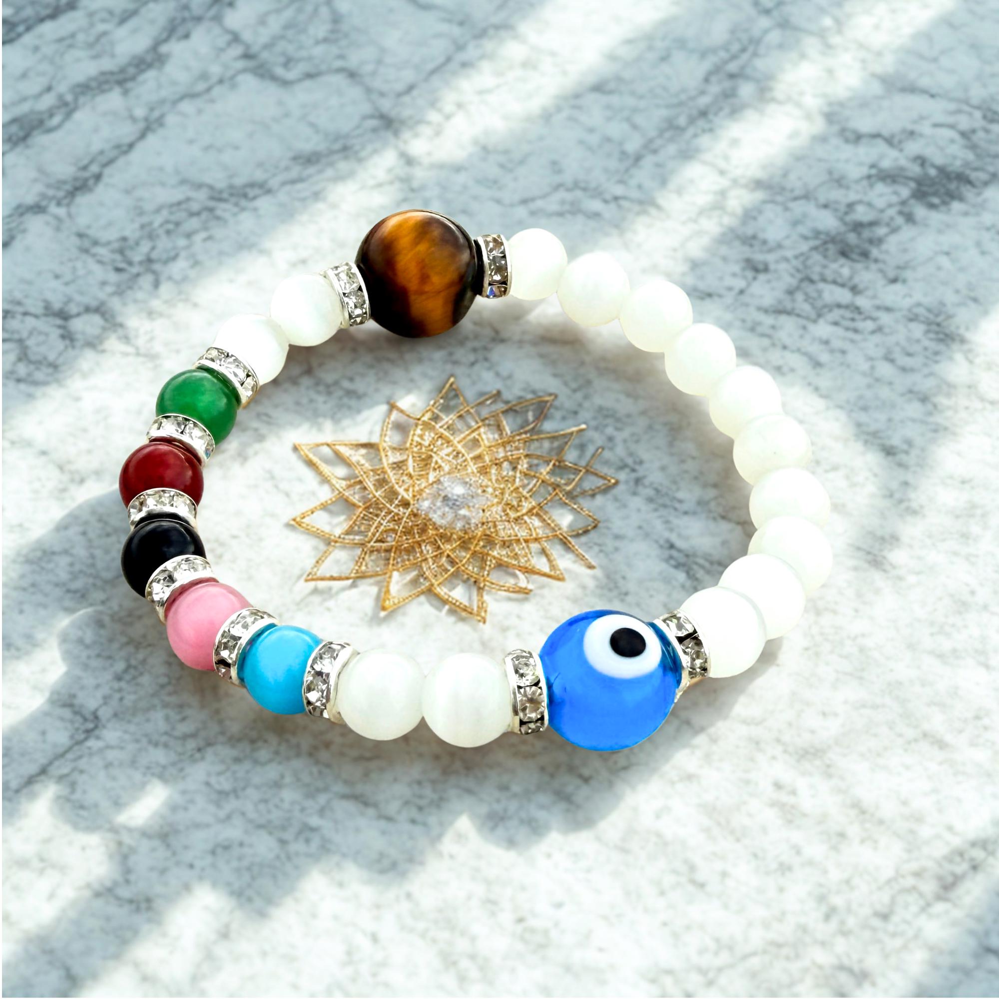 Chakra and Evil Eye Protection Amulet Bracelet - White Cats Eye Divine Light Spiritual Talisman - Tiger Eye & Reiki Crystals Gift for Women