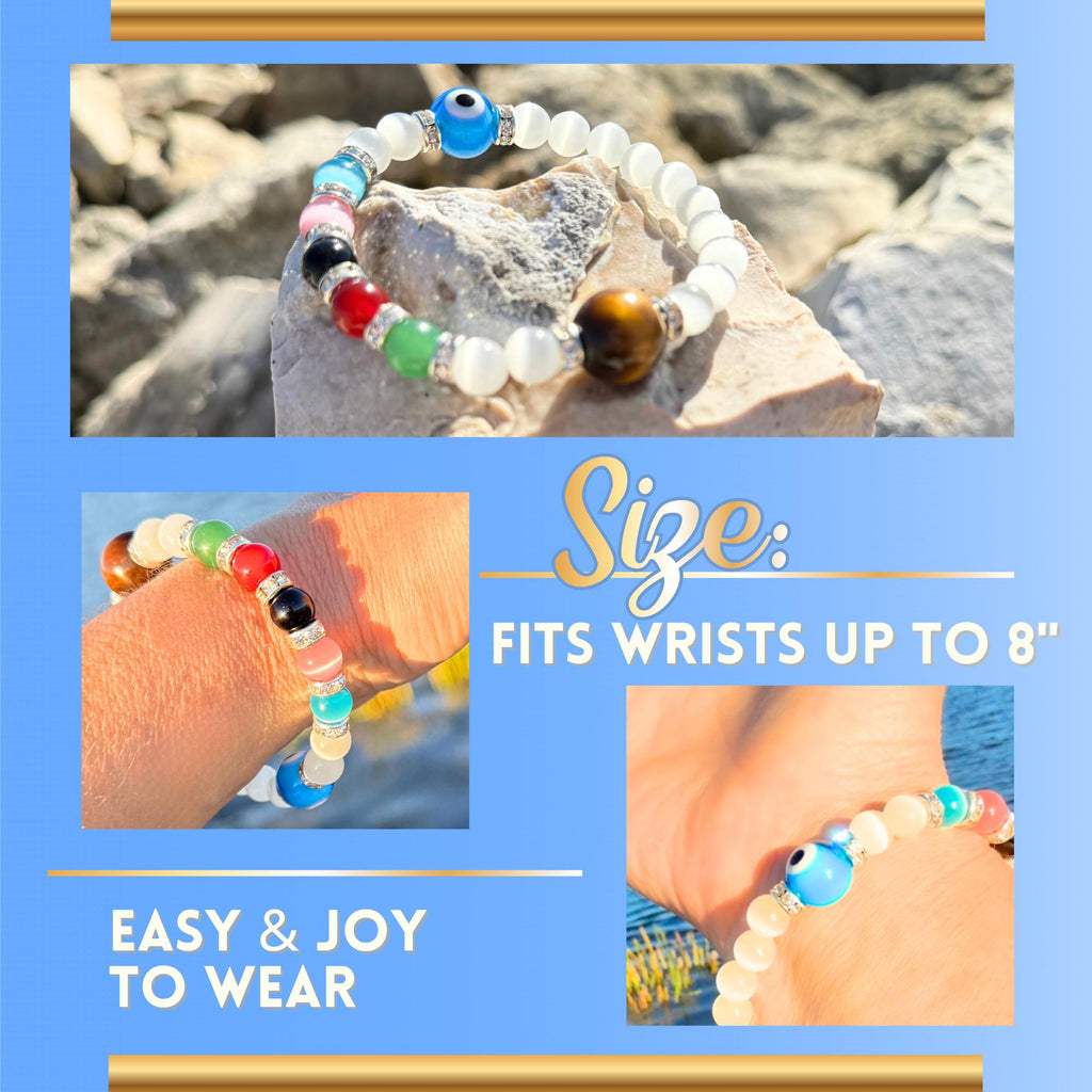 Chakra and Evil Eye Protection Amulet Bracelet - White Cats Eye Divine Light Spiritual Talisman - Tiger Eye & Reiki Crystals Gift for Women