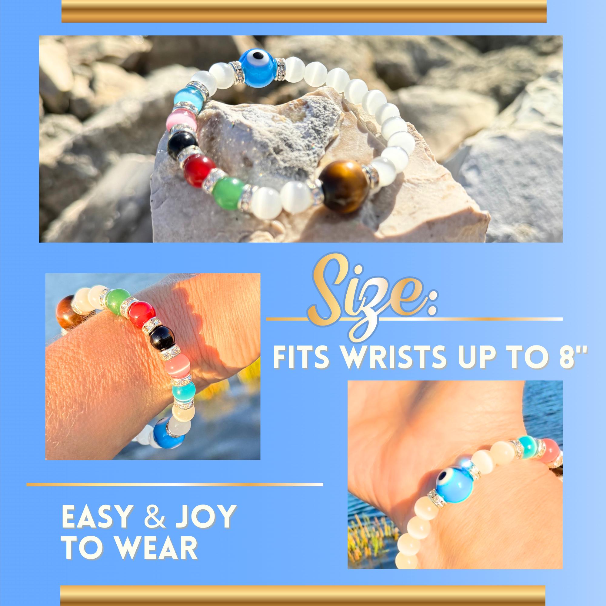 Chakra and Evil Eye Protection Amulet Bracelet - White Cats Eye Divine Light Spiritual Talisman - Tiger Eye & Reiki Crystals Gift for Women