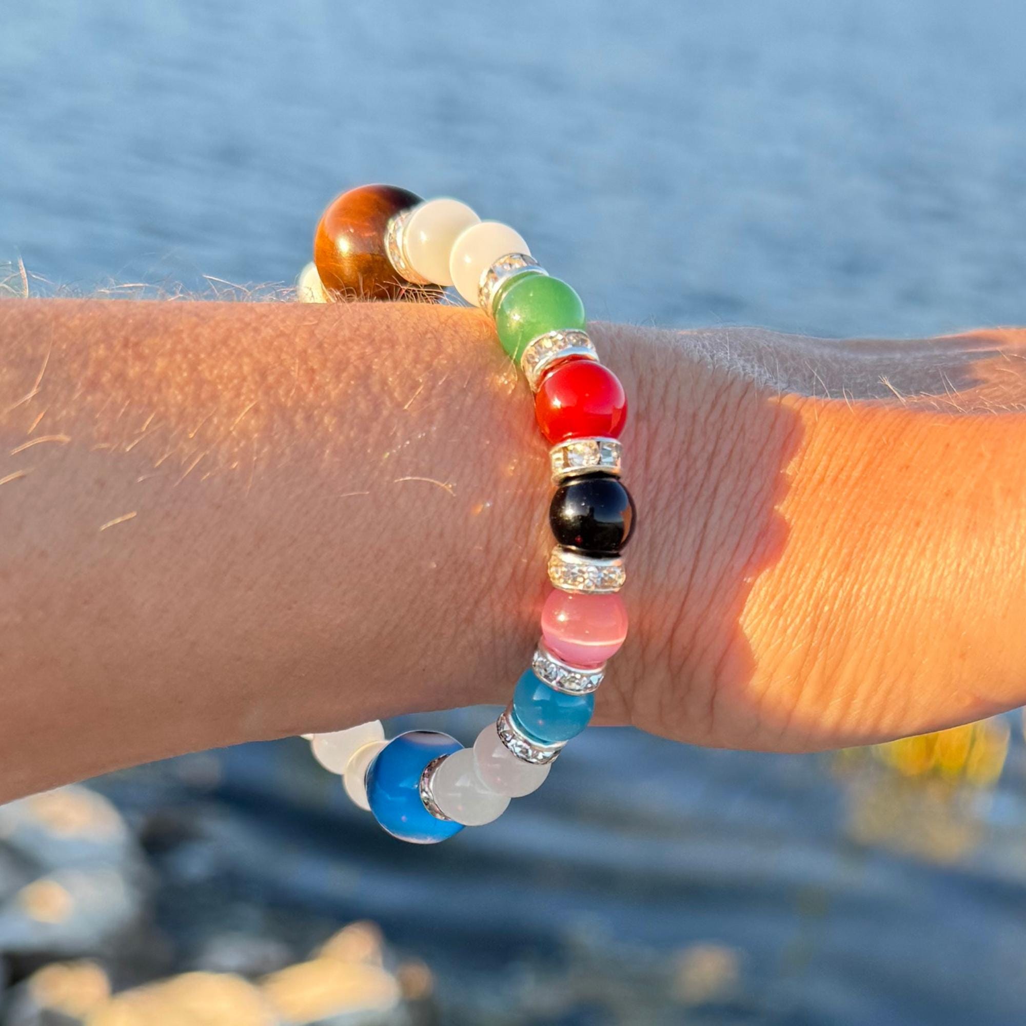 Chakra and Evil Eye Protection Amulet Bracelet - White Cats Eye Divine Light Spiritual Talisman - Tiger Eye & Reiki Crystals Gift for Women