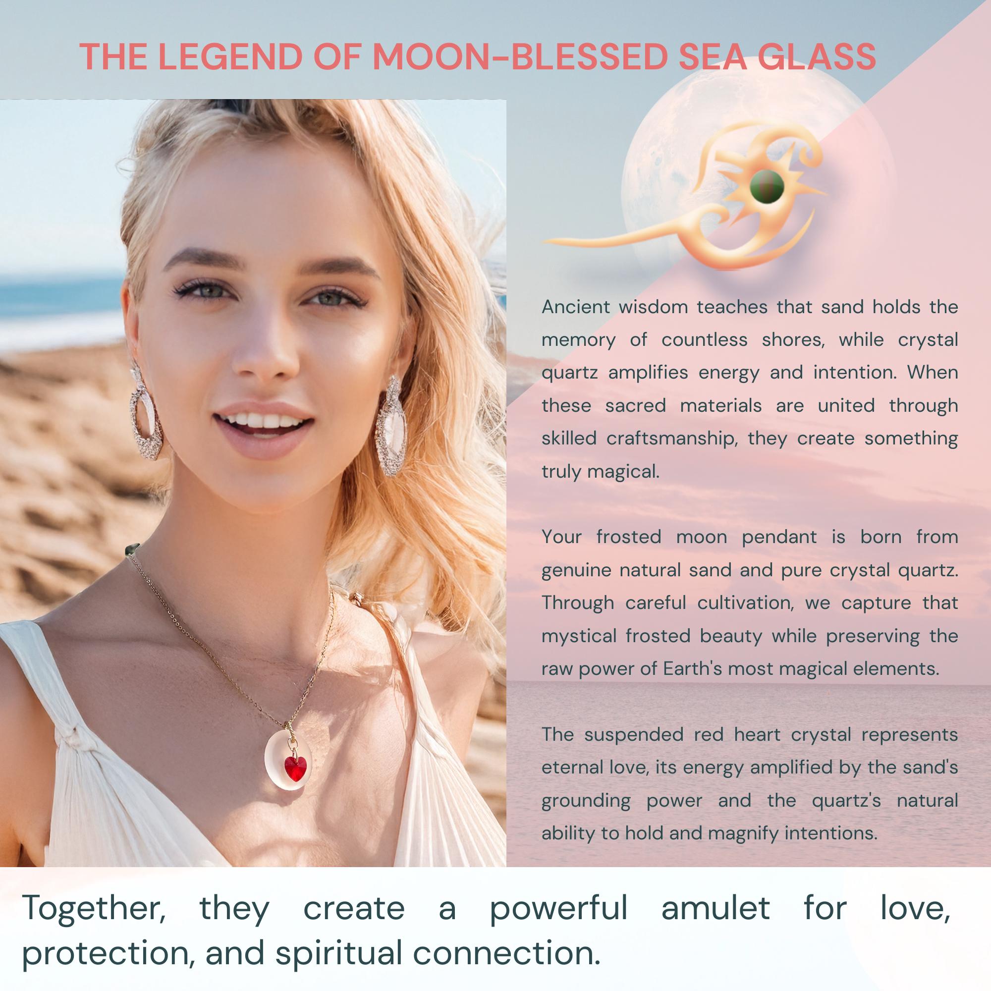 Sea Glass Moon Necklace - Red Crystal Heart Amulet - Beach Fashion