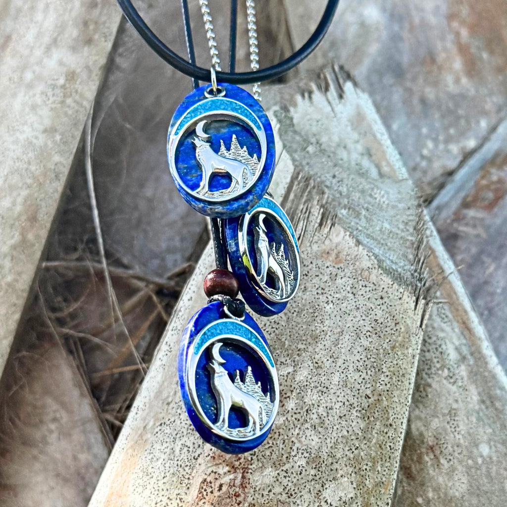 Lapis Lazuli Howling Wolf Necklace: Turquoise Moon Amulet