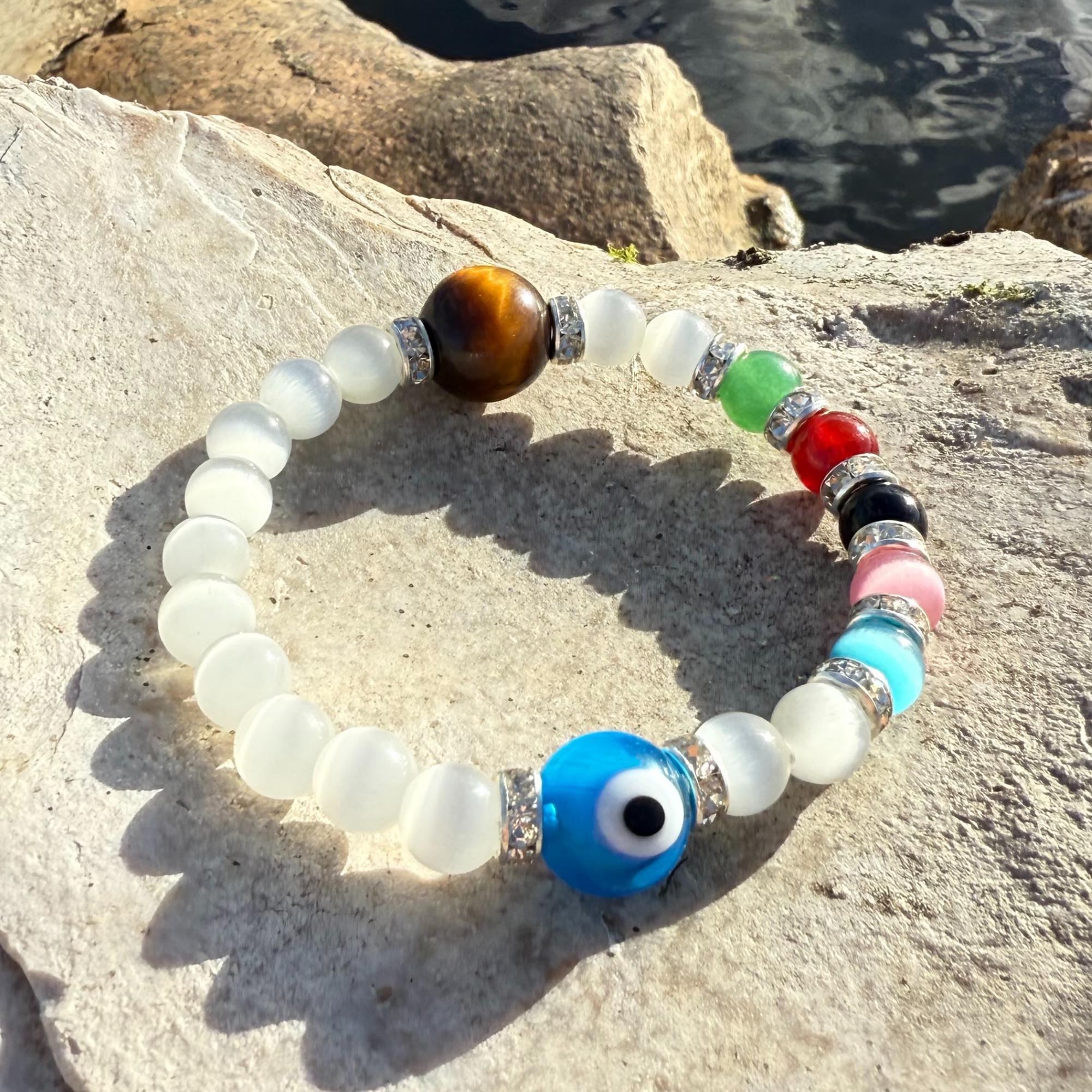 Chakra and Evil Eye Protection Amulet Bracelet - White Cats Eye Divine Light Spiritual Talisman - Tiger Eye & Reiki Crystals Gift for Women