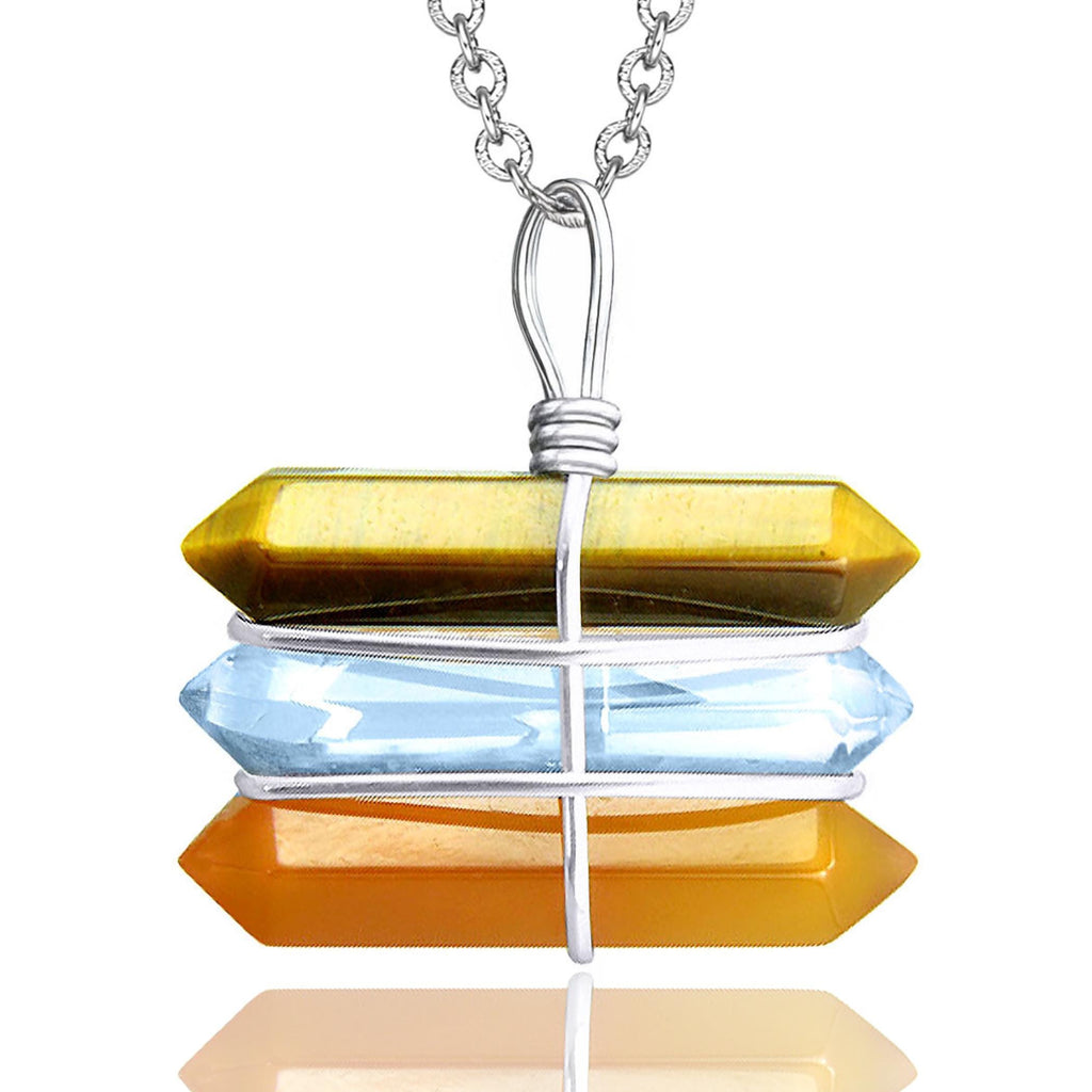 Triple Crystal Point Pendant Necklace - Tiger Eye, Quartz and Carnelian