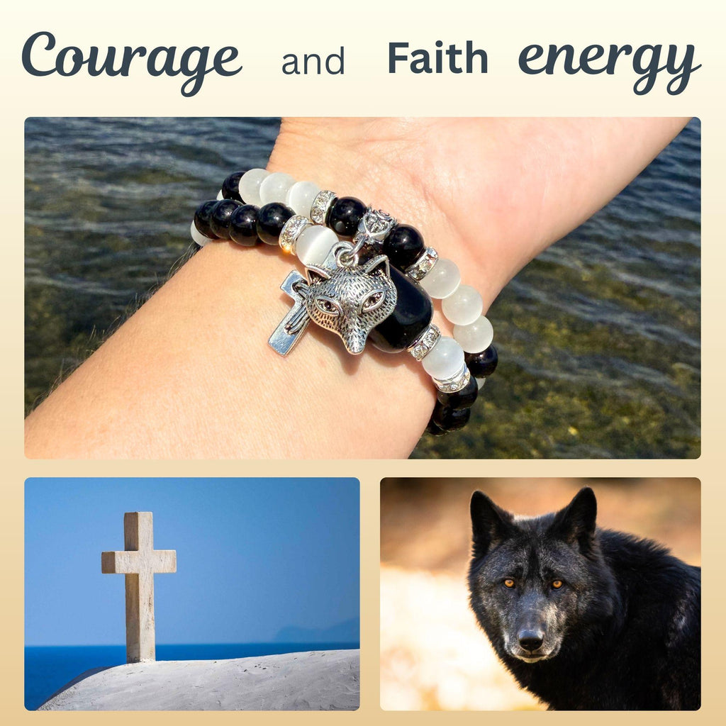 Wolf & Cross Gemstone Bracelet – Spiritual Amulet Jewelry Gift for Women