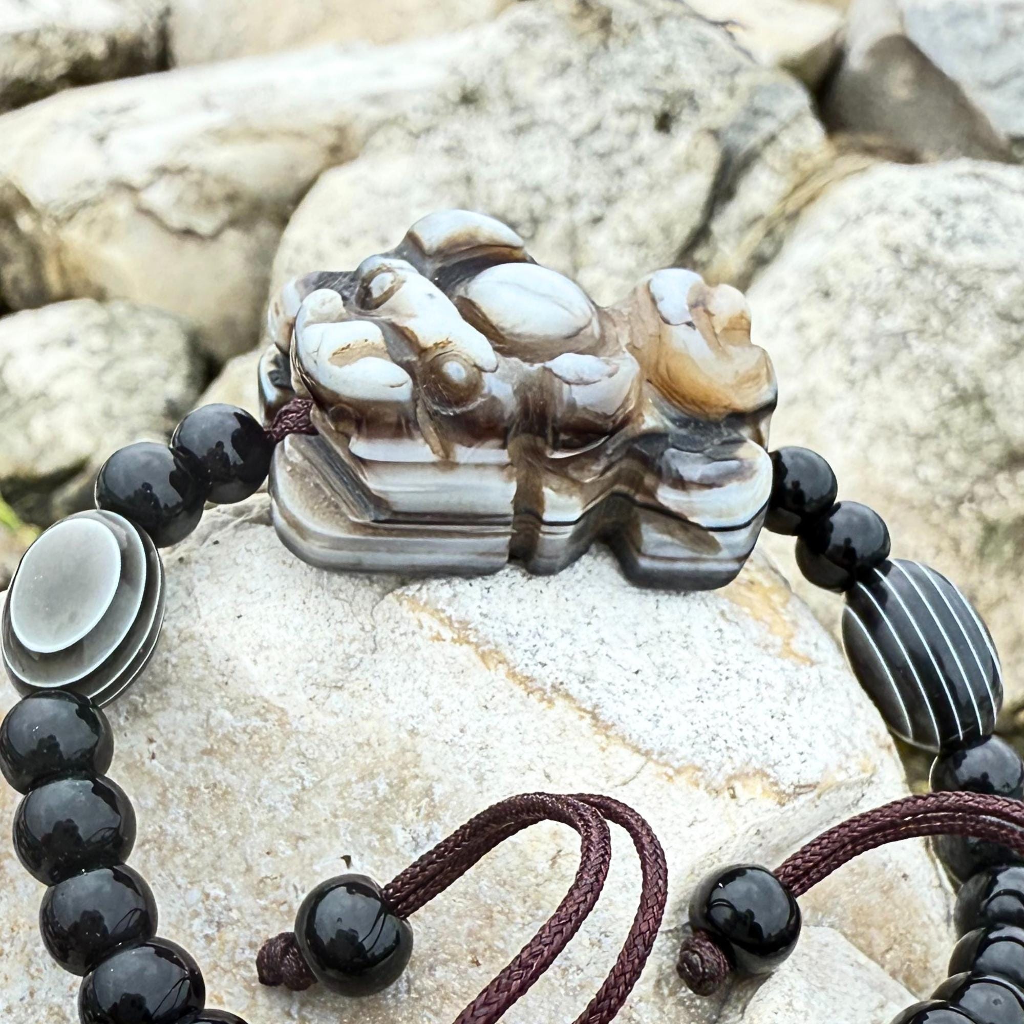 Dragon Carved Agate Bracelet - Matching Couples Set - Natural His Hers Amulets - Spiritual Protection Jewelry