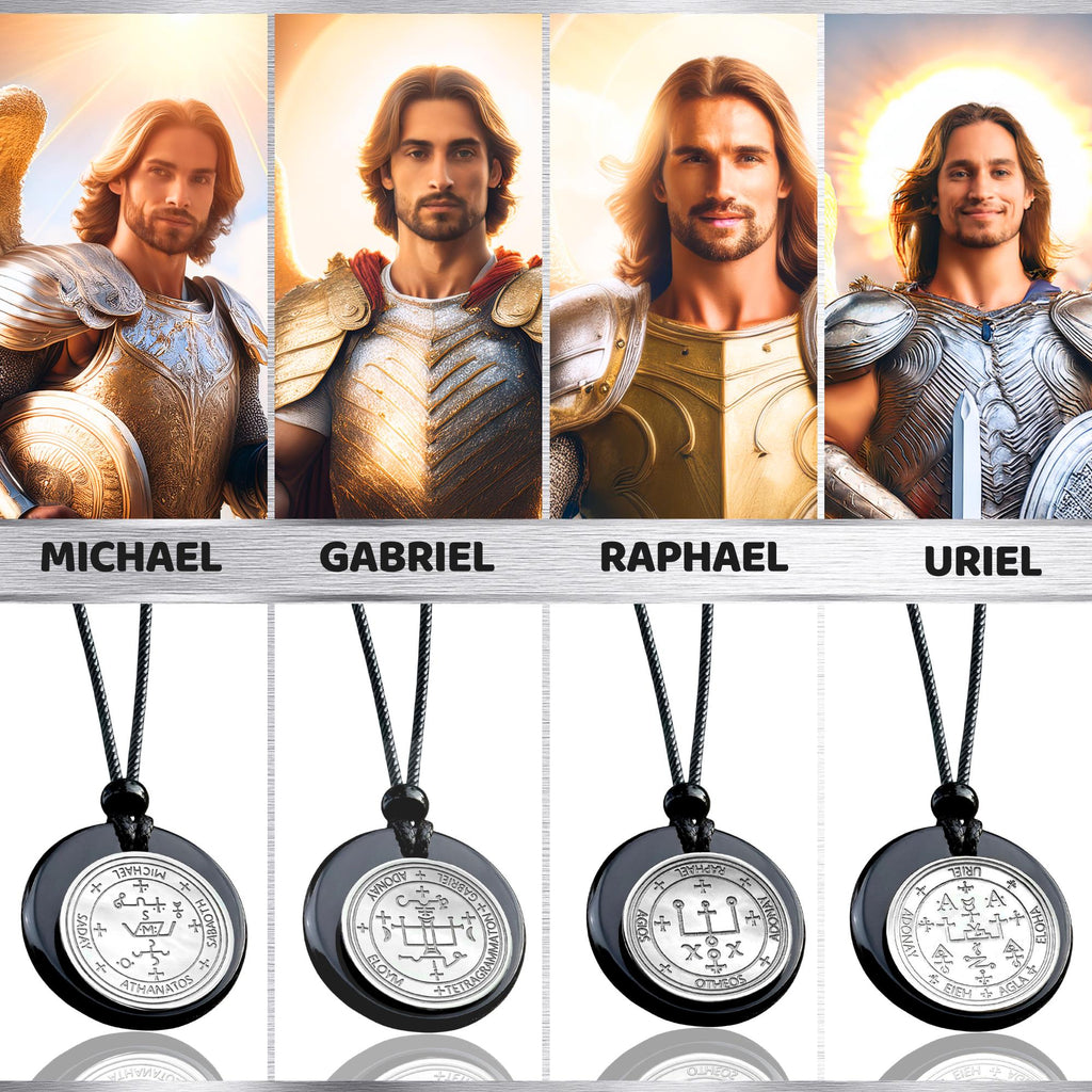Archangel Sigil Amulet Necklace - Michael Gabriel Raphael Uriel - Genuine Black Agate Medallion