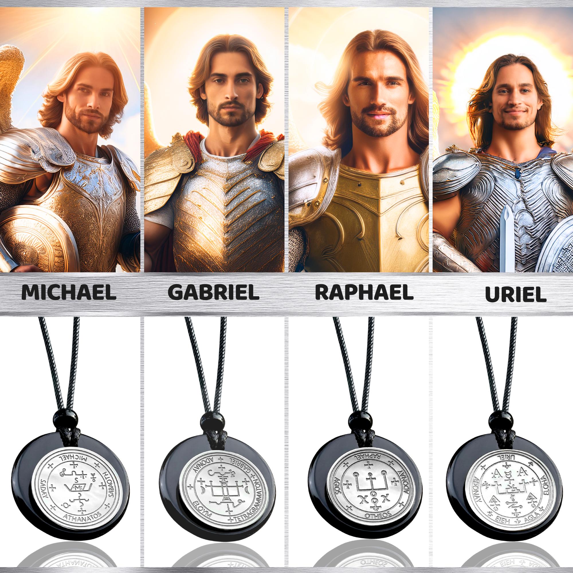 Archangel Sigil Amulet Necklace - Michael Gabriel Raphael Uriel - Genuine Black Agate Medallion