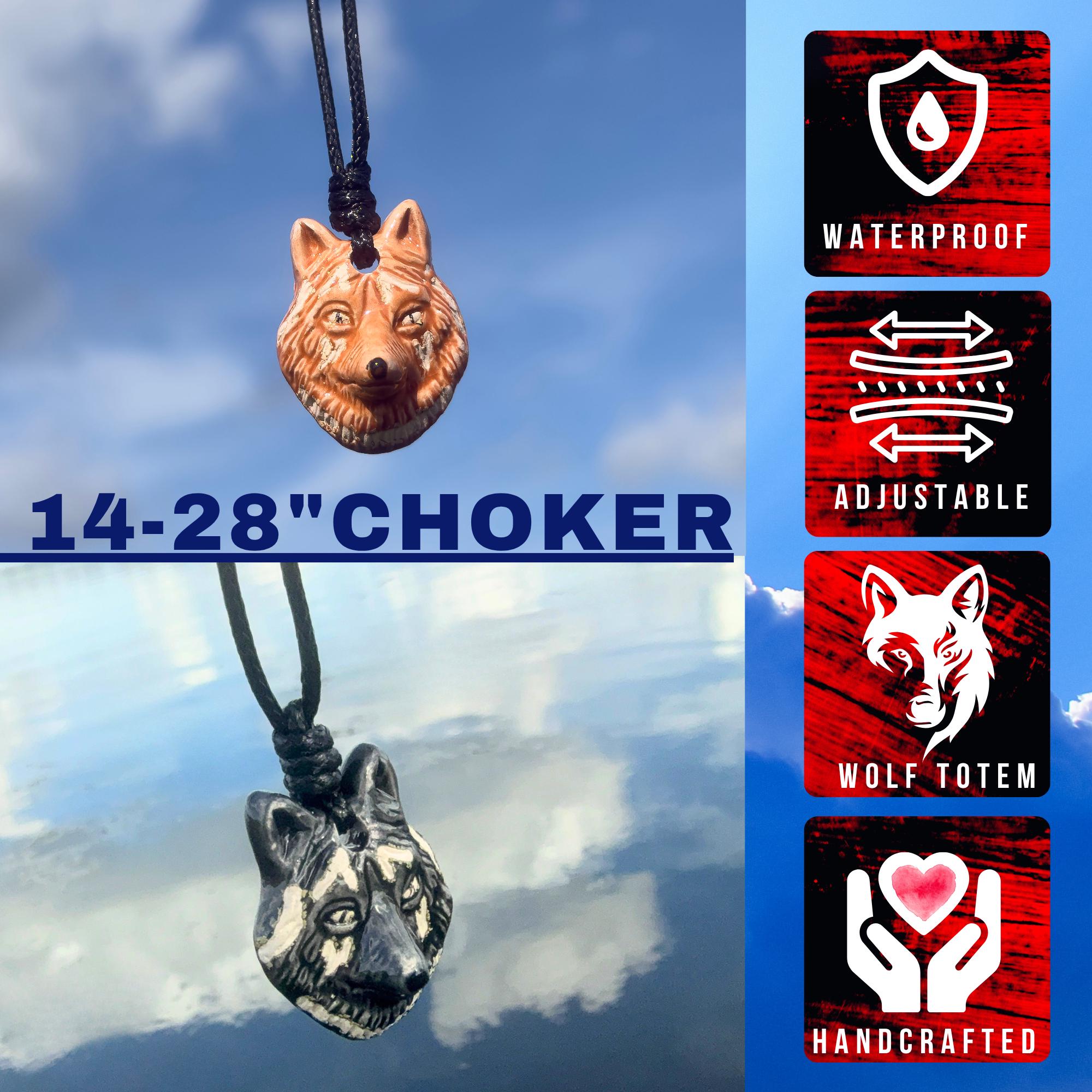 Hand-Painted Ceramic Wolf Totem Necklace: Spiritual Amulet Jewelry