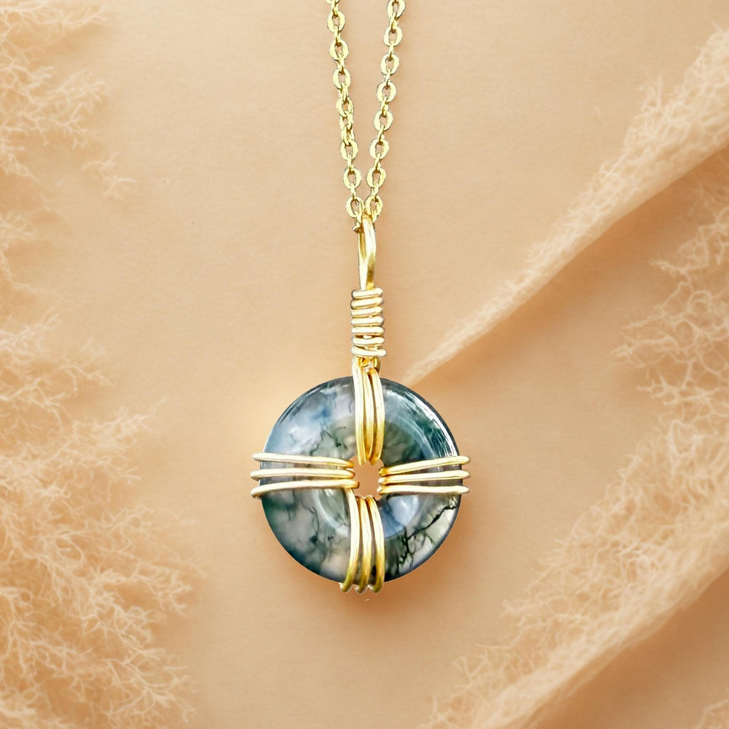 Celtic Cross Amulet in Green Moss Agate - 18 Inch Necklace - Fortune Donut Gemstone