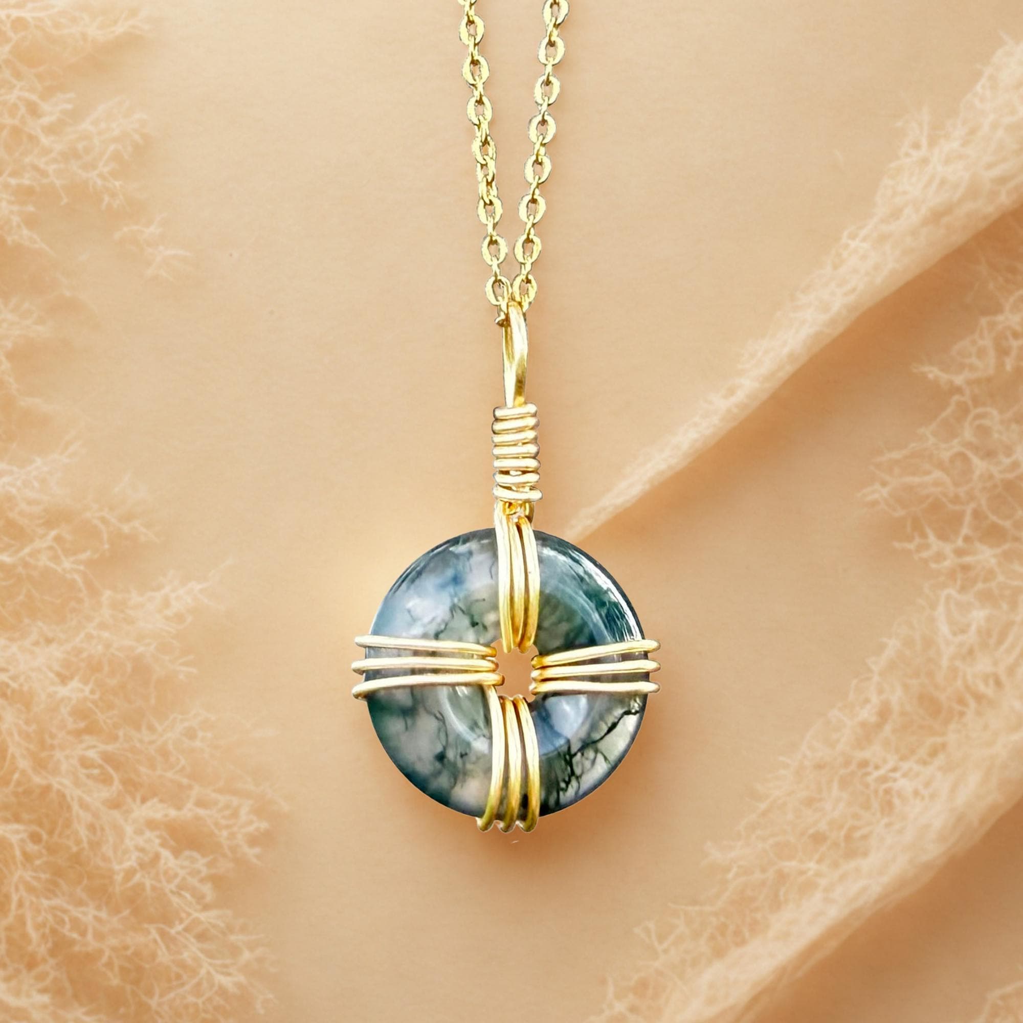 Celtic Cross Amulet in Green Moss Agate - 18 Inch Necklace - Fortune Donut Gemstone