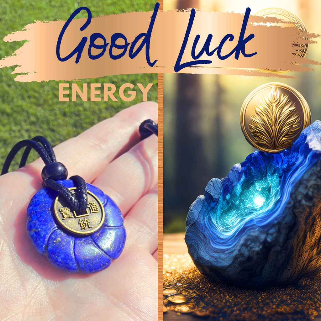 Lapis Lazuli Celtic Lotus Flower Lucky Coin Necklace Amulet - Feng Shui Spiritual Talisman