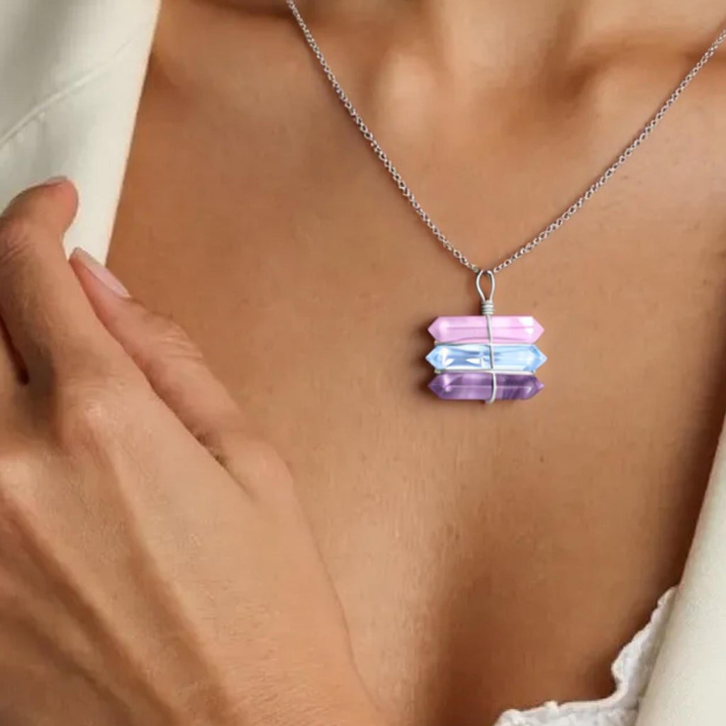 Triple Crystal Point Necklace – Amethyst, Rose and Clear Rock Quartz Amulet