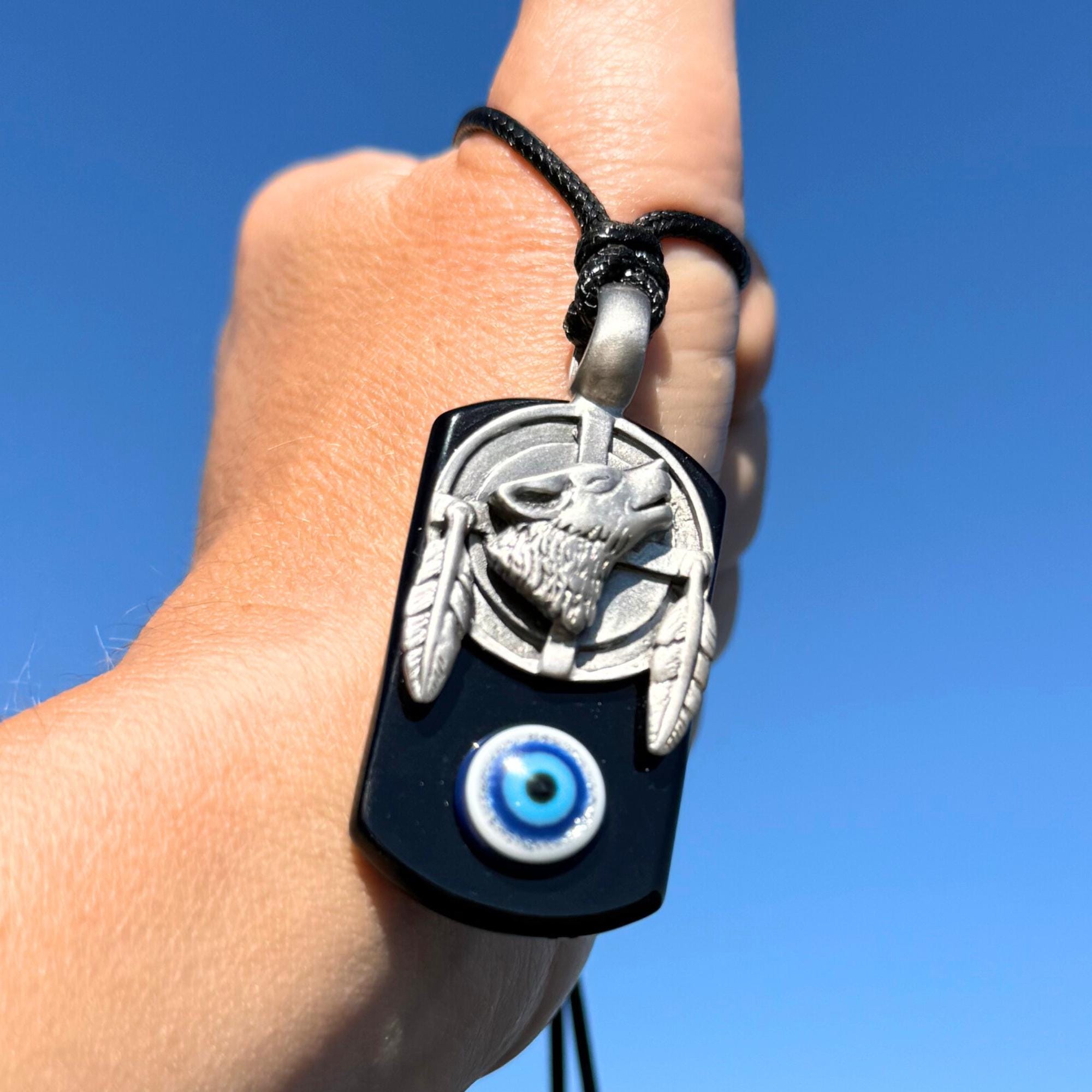 Black Agate Wolf Dreamcatcher Necklace – Evil Eye Protection Amulet