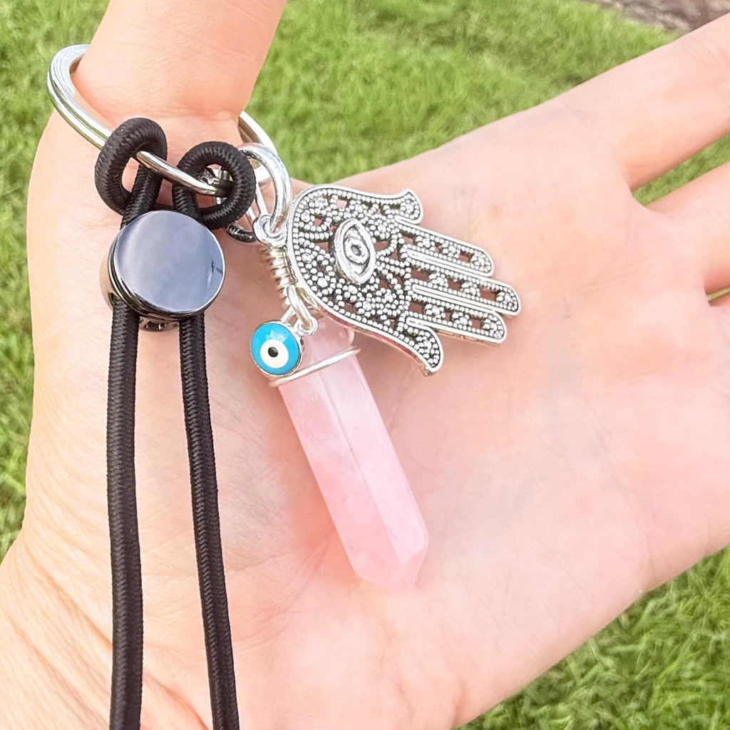 Love Amulet Hamsa Hand Keychain - Rose Quartz Crystal - Evil Eye Talisman - Car Hanging Ornament