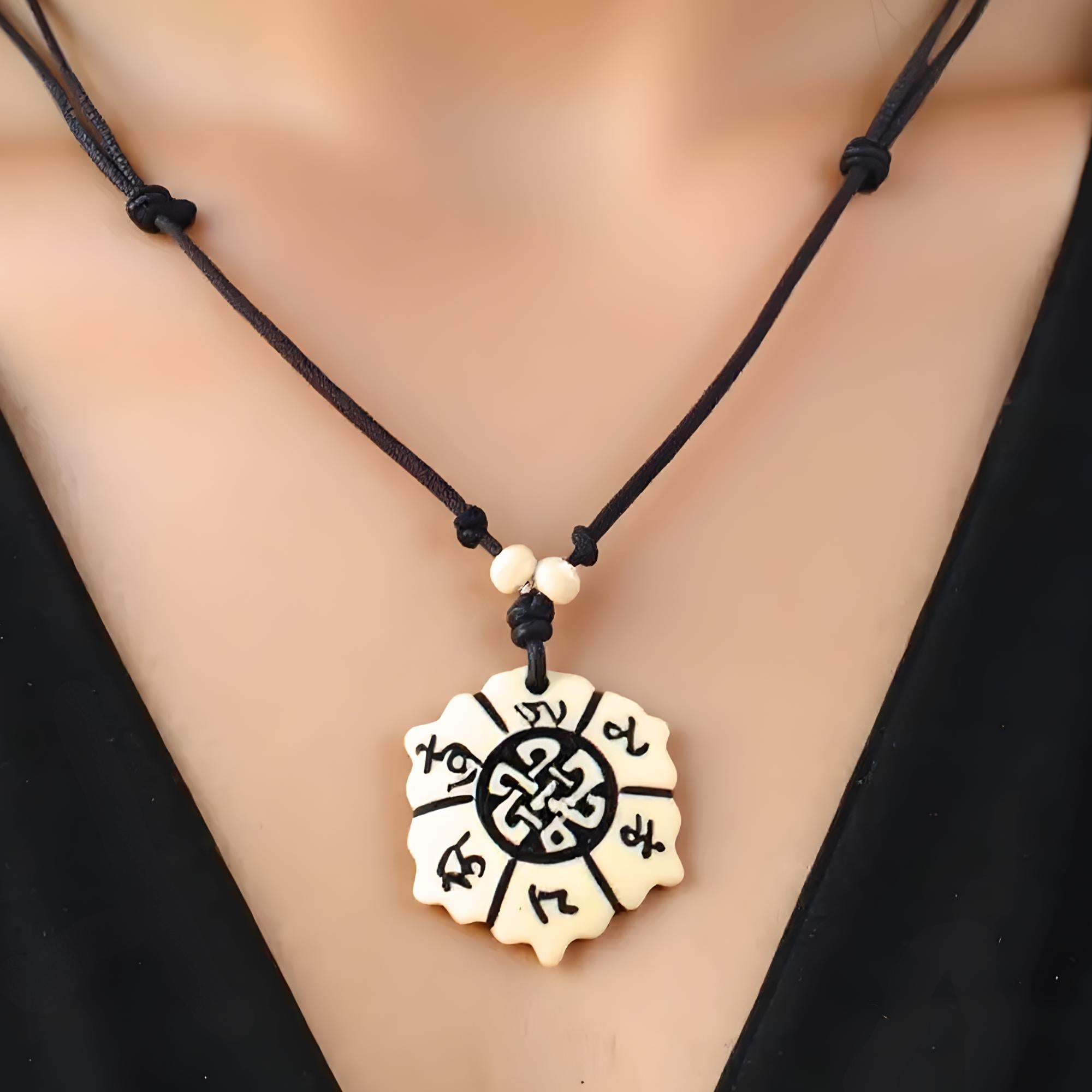 Yak Bone Lotus Mandala Necklace: Celtic Shield Knot, Om Mani Padme Hum