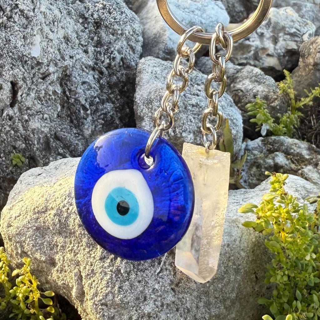 Evil Eye Keychain - Brazilian Quartz Crystal Amulet - Spiritual Protection Key Fob
