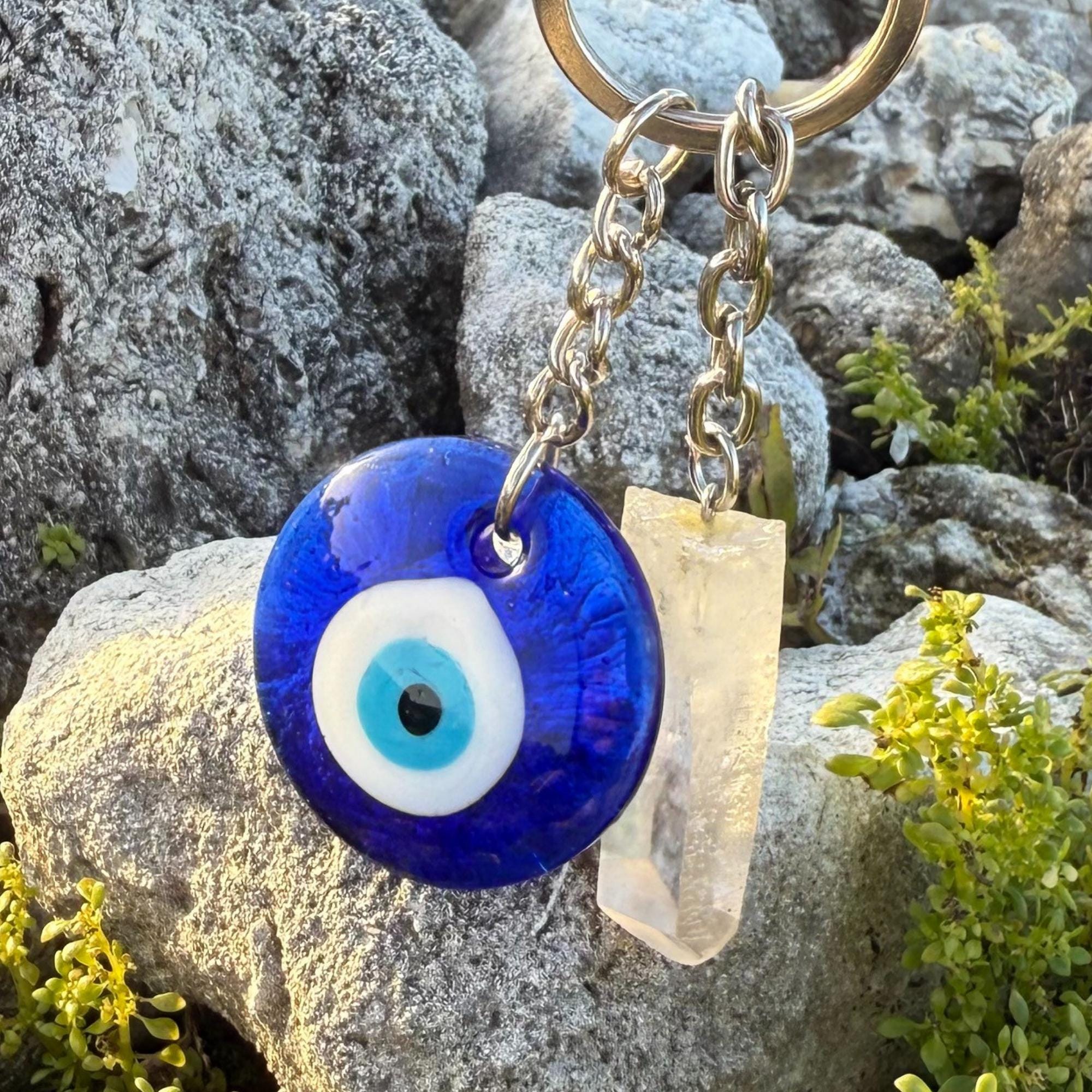 Evil Eye Keychain - Brazilian Quartz Crystal Amulet - Spiritual Protection Key Fob