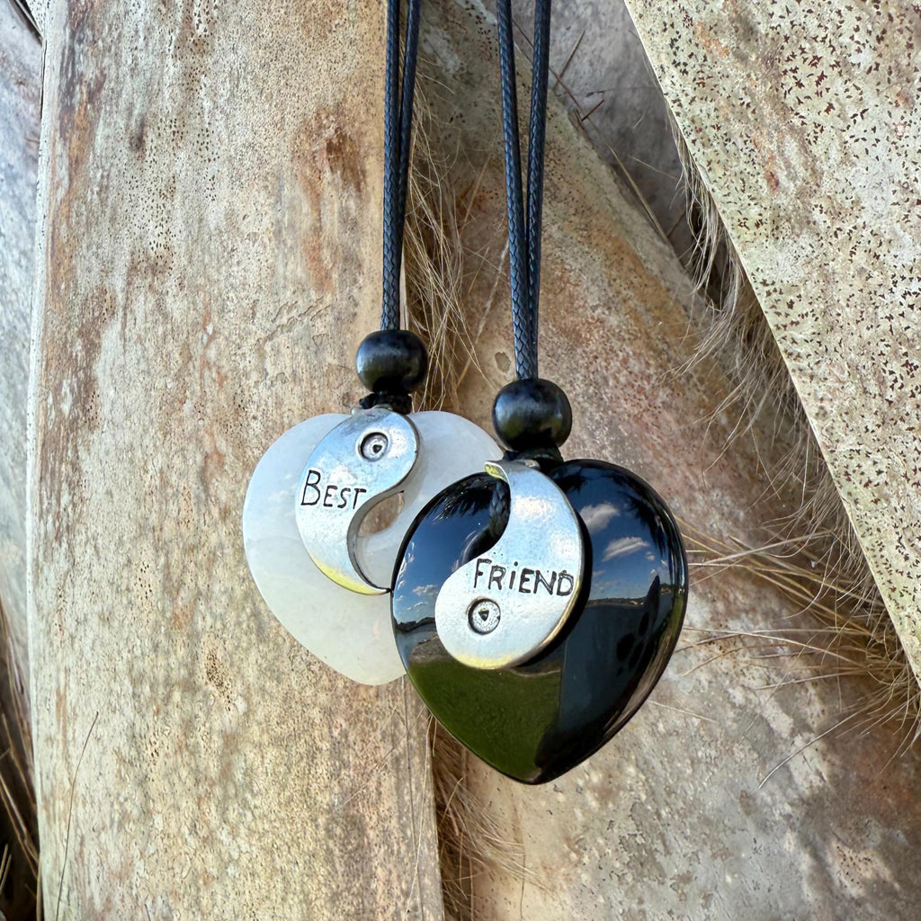 Yin Yang Heart Necklace Set – White Quartz & Black Agate Friendship Amulets