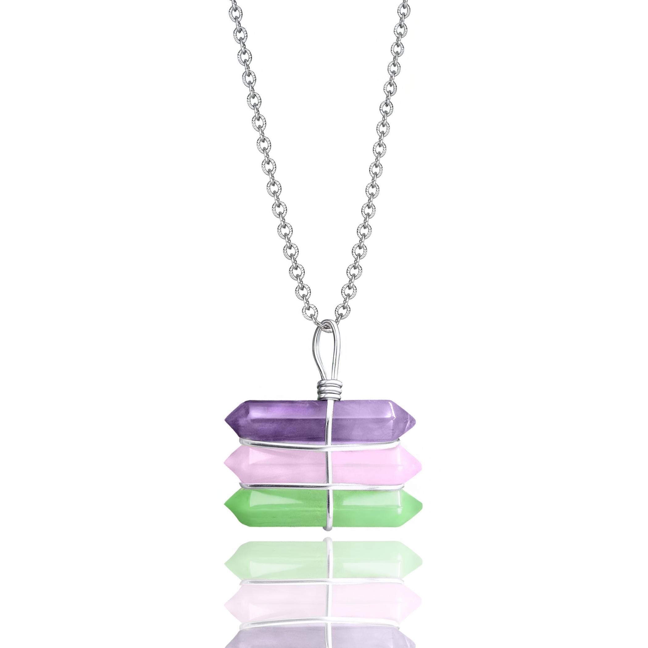 Triple Crystal Point Necklace - Amethyst, Rose & Green Quartz Amulet