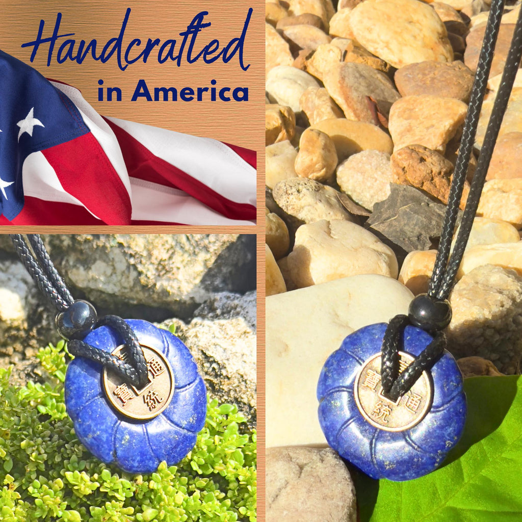 Lapis Lazuli Celtic Lotus Flower Lucky Coin Necklace Amulet - Feng Shui Spiritual Talisman