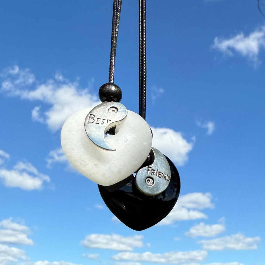 Yin Yang Heart Necklace Set – White Quartz & Black Agate Friendship Amulets