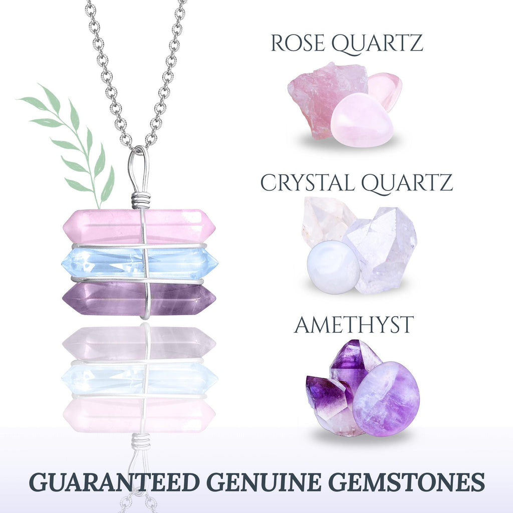 Triple Crystal Point Necklace – Amethyst, Rose and Clear Rock Quartz Amulet