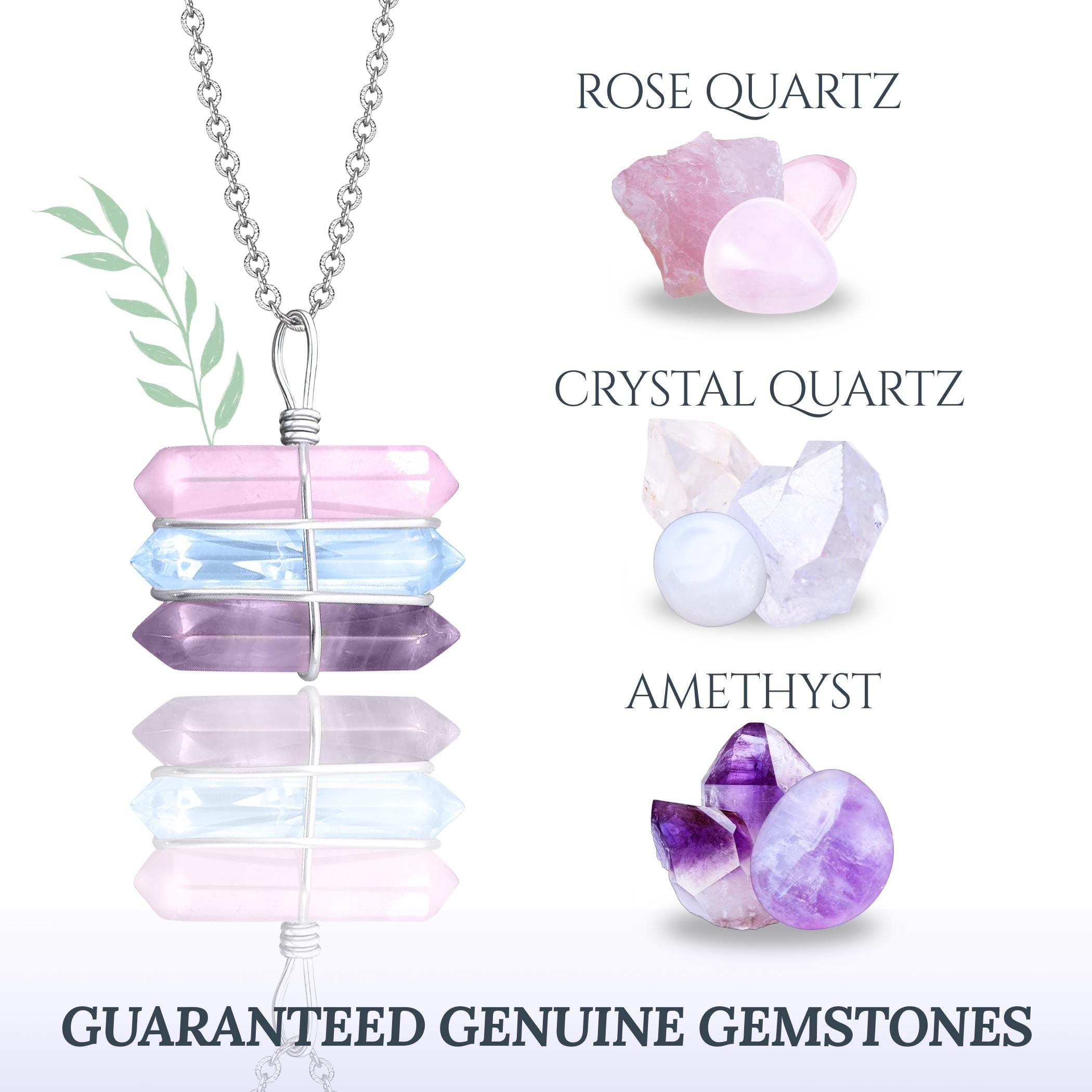 Triple Crystal Point Necklace – Amethyst, Rose and Clear Rock Quartz Amulet