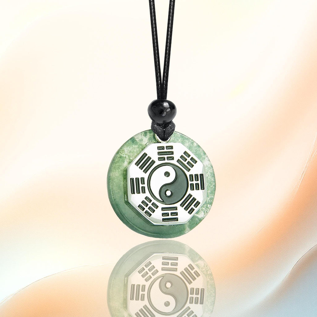 Green Moss Agate Yin Yang Amulet Necklace – Feng Shui BaGua Fortune Talisman Jewelry