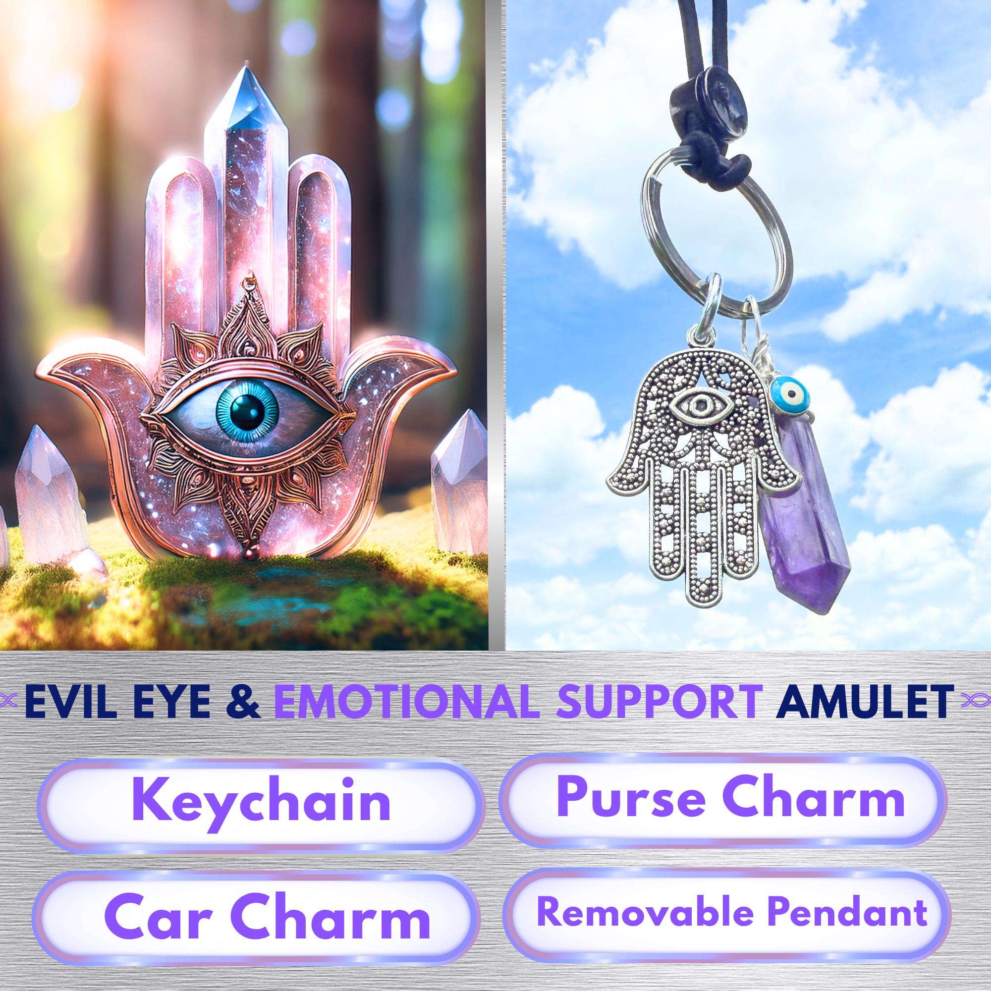 Amethyst Hamsa Hand Keychain – Evil Eye Protection Amulet - Car Hanging Ornament