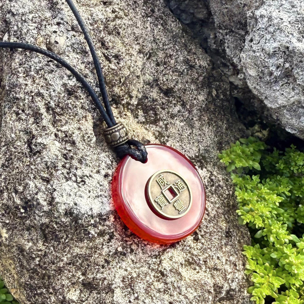 Carnelian Lucky Coin Necklace - Brass Fortune Amulet Adjustable Choker