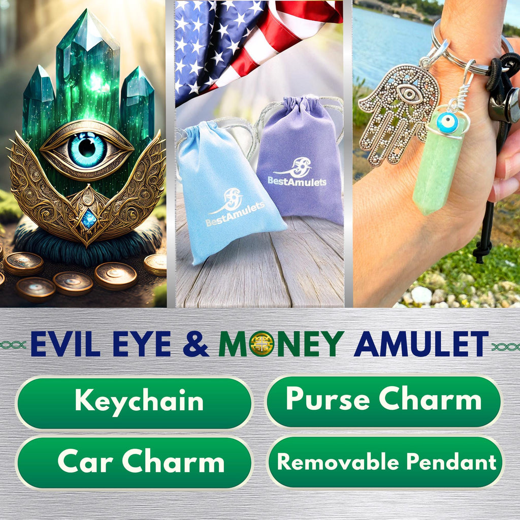 Money Talisman Hamsa Hand Keychain - Green Quartz Crystal - Evil Eye Amulet