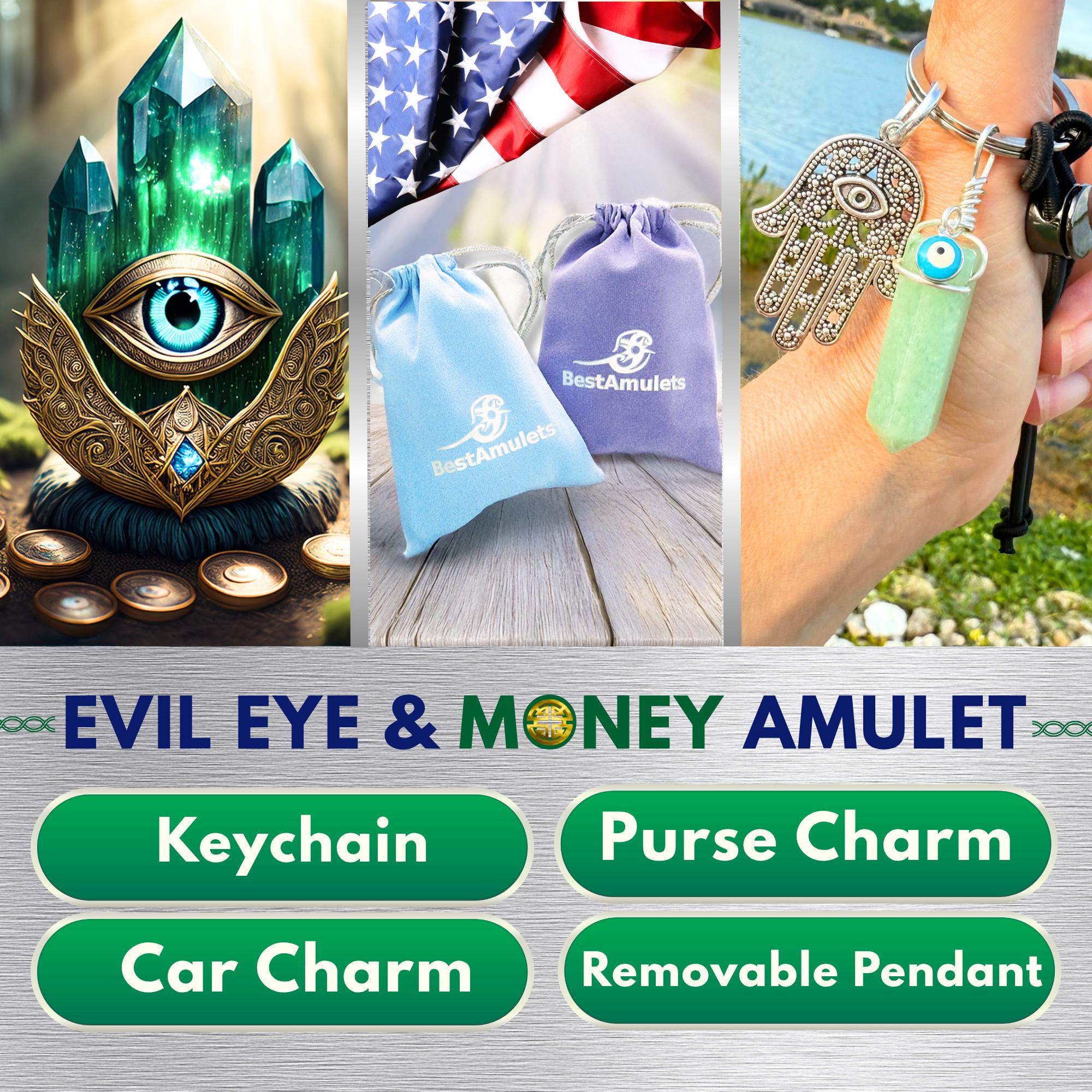 Money Talisman Hamsa Hand Keychain - Green Quartz Crystal - Evil Eye Amulet